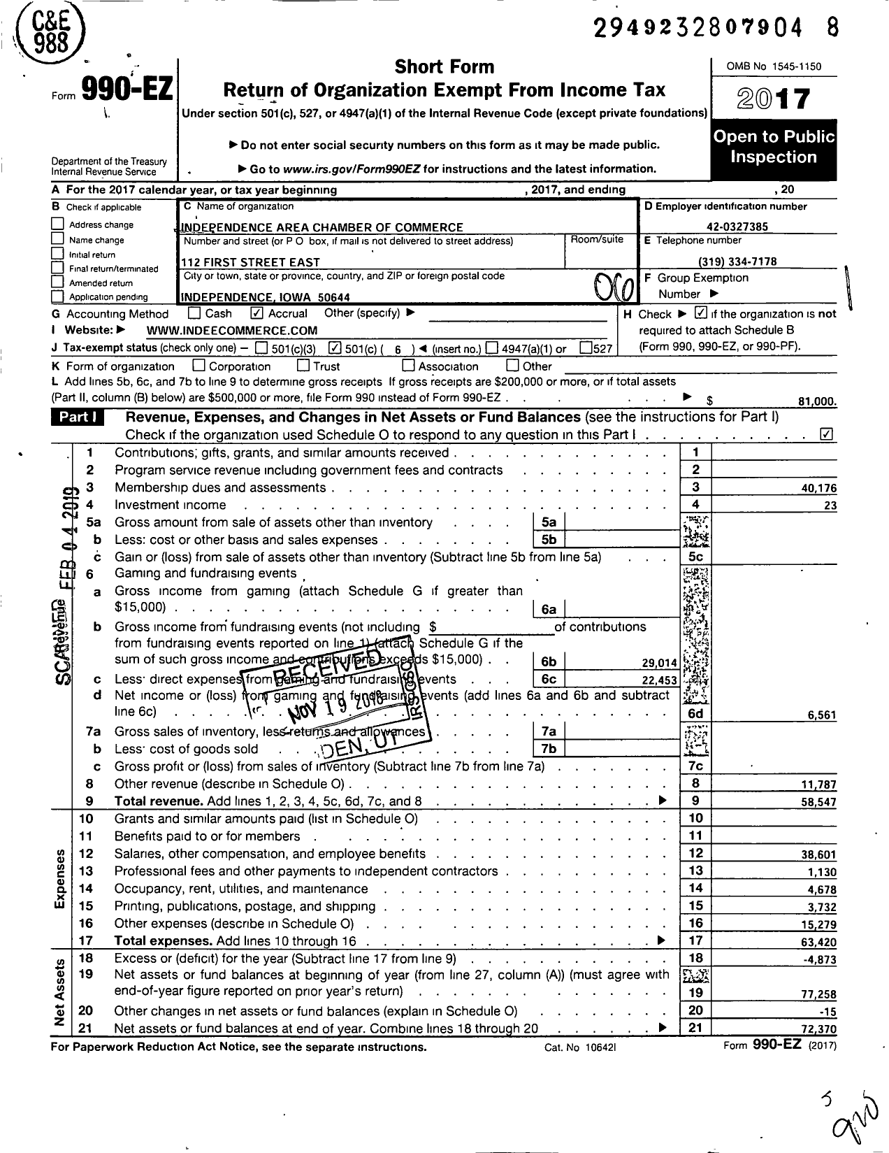 Image of first page of 2017 Form 990EO for Independence Area Chamber of Commerce