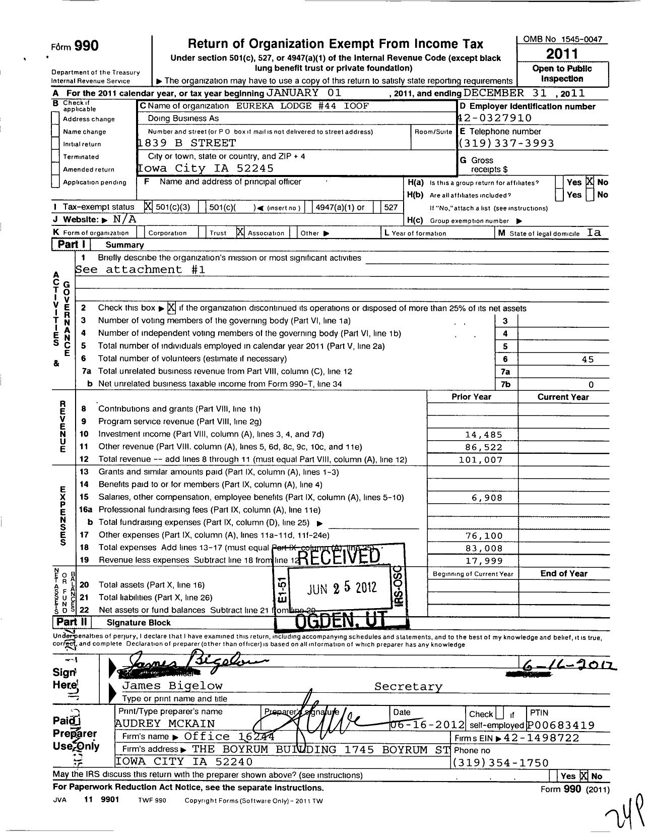 Image of first page of 2011 Form 990 for Independent Order of Odd Fellows - 44 Eureka Lodge