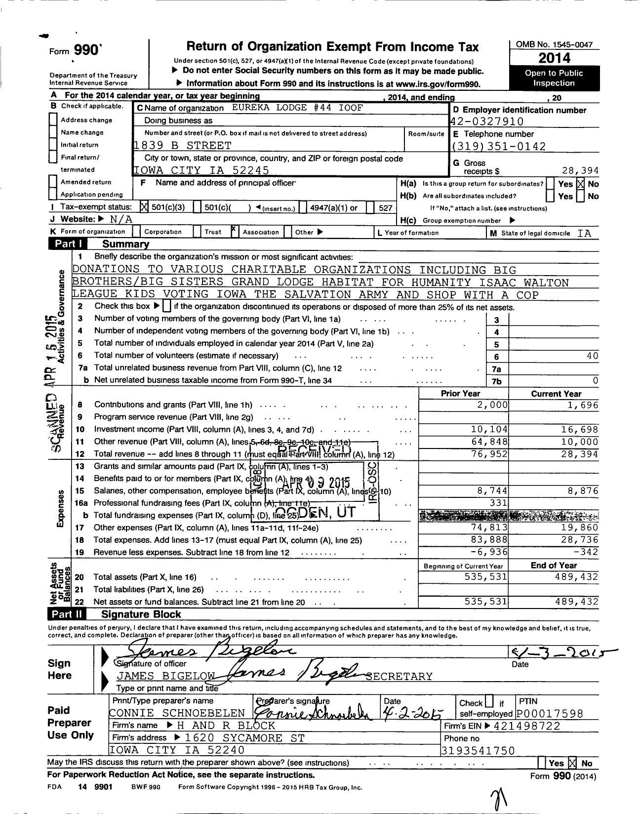 Image of first page of 2014 Form 990 for Independent Order of Odd Fellows - 44 Eureka Lodge