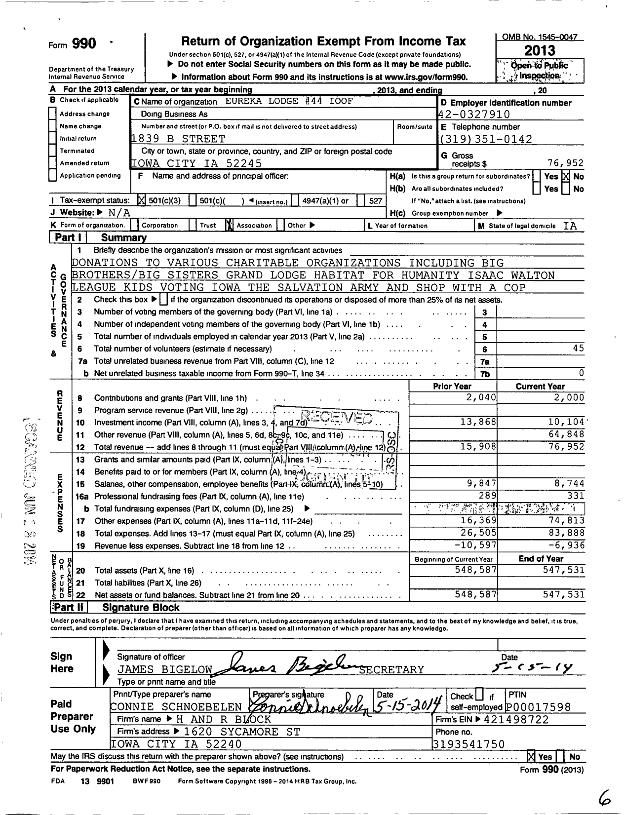 Image of first page of 2013 Form 990 for Independent Order of Odd Fellows - 44 Eureka Lodge