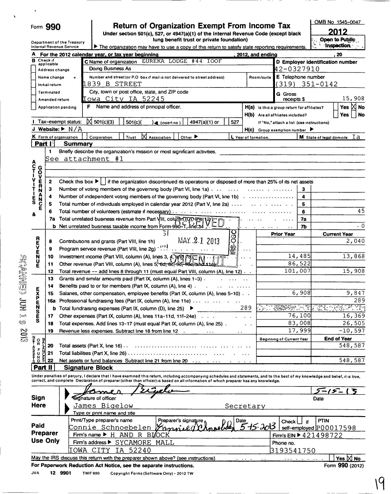 Image of first page of 2012 Form 990 for Independent Order of Odd Fellows - 44 Eureka Lodge