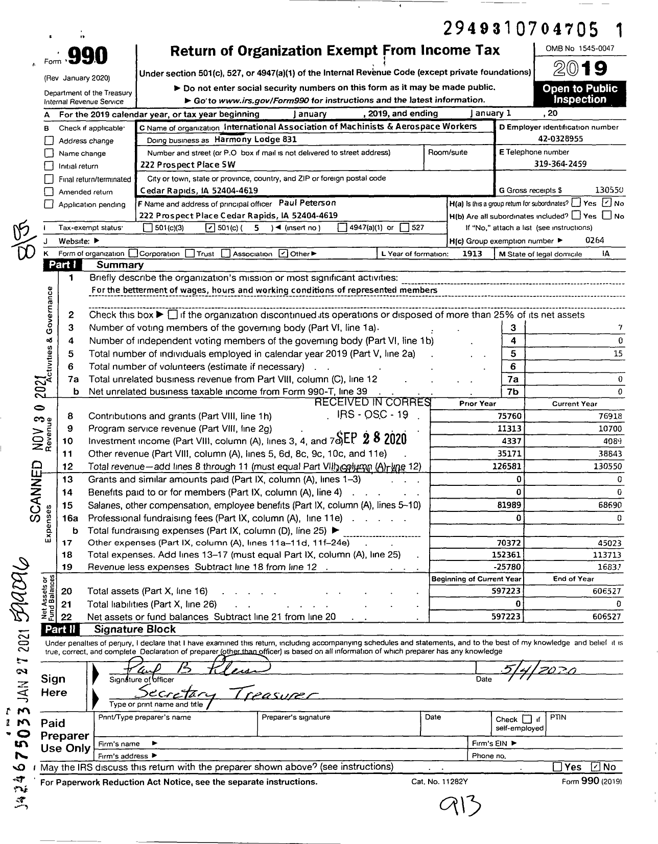 Image of first page of 2019 Form 990O for International Association of Machinists and Aerospace Workers - Harmony Lodge 831