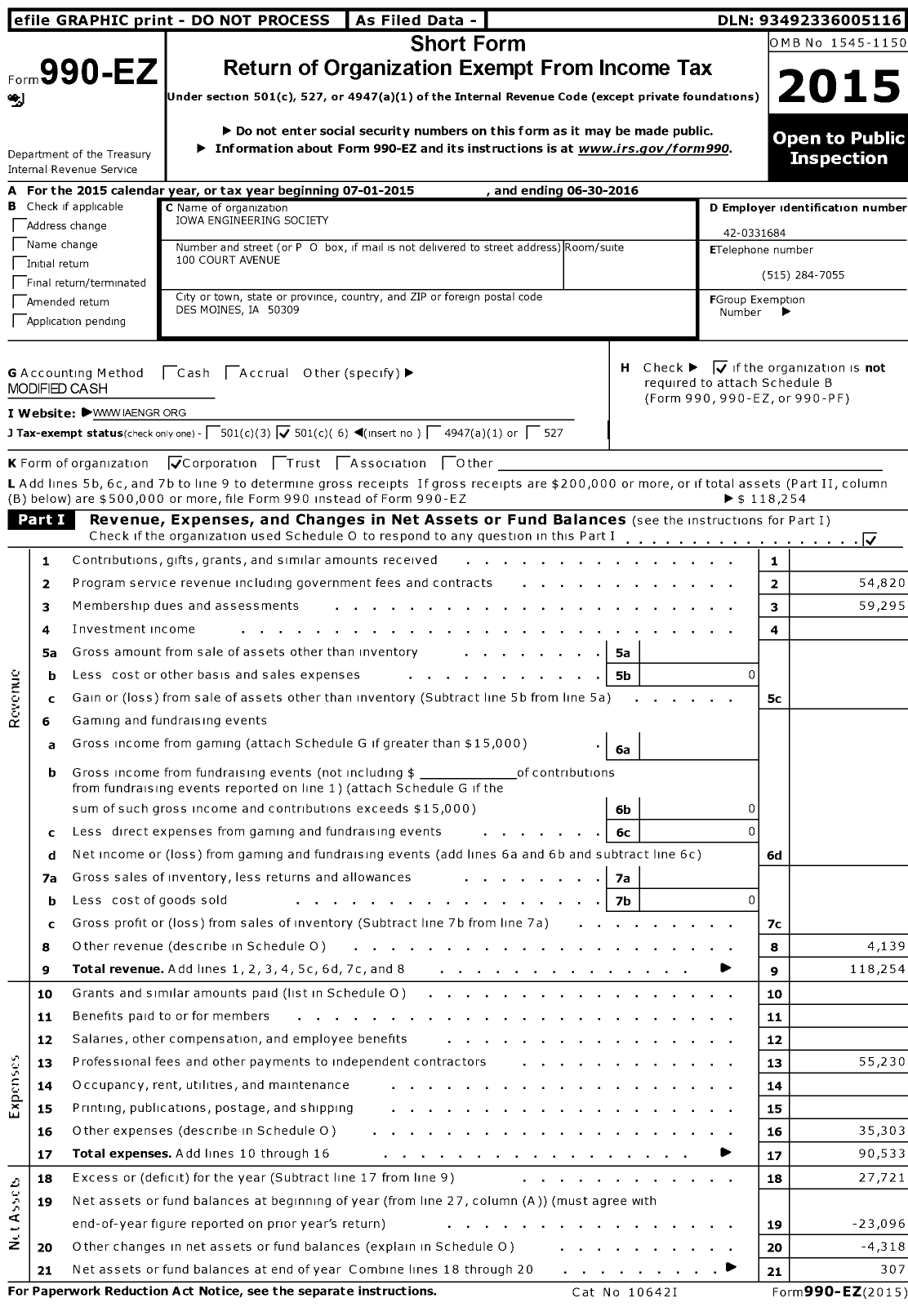 Image of first page of 2015 Form 990EO for Iowa Engineering Society