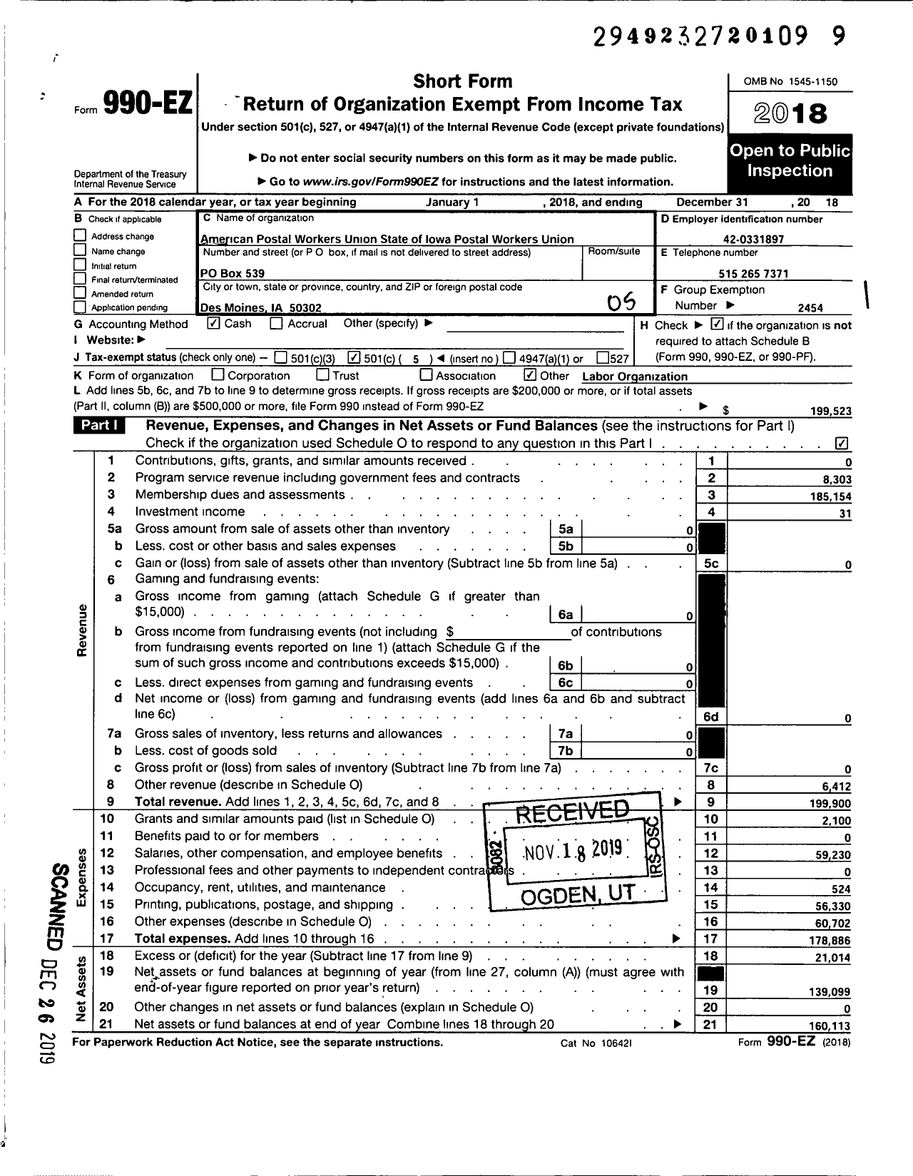 Image of first page of 2018 Form 990EO for AMERICAN POSTAL Workers Union - AMERICAN POSTAL Workers Union State of Iowa POSTAL Workers Union