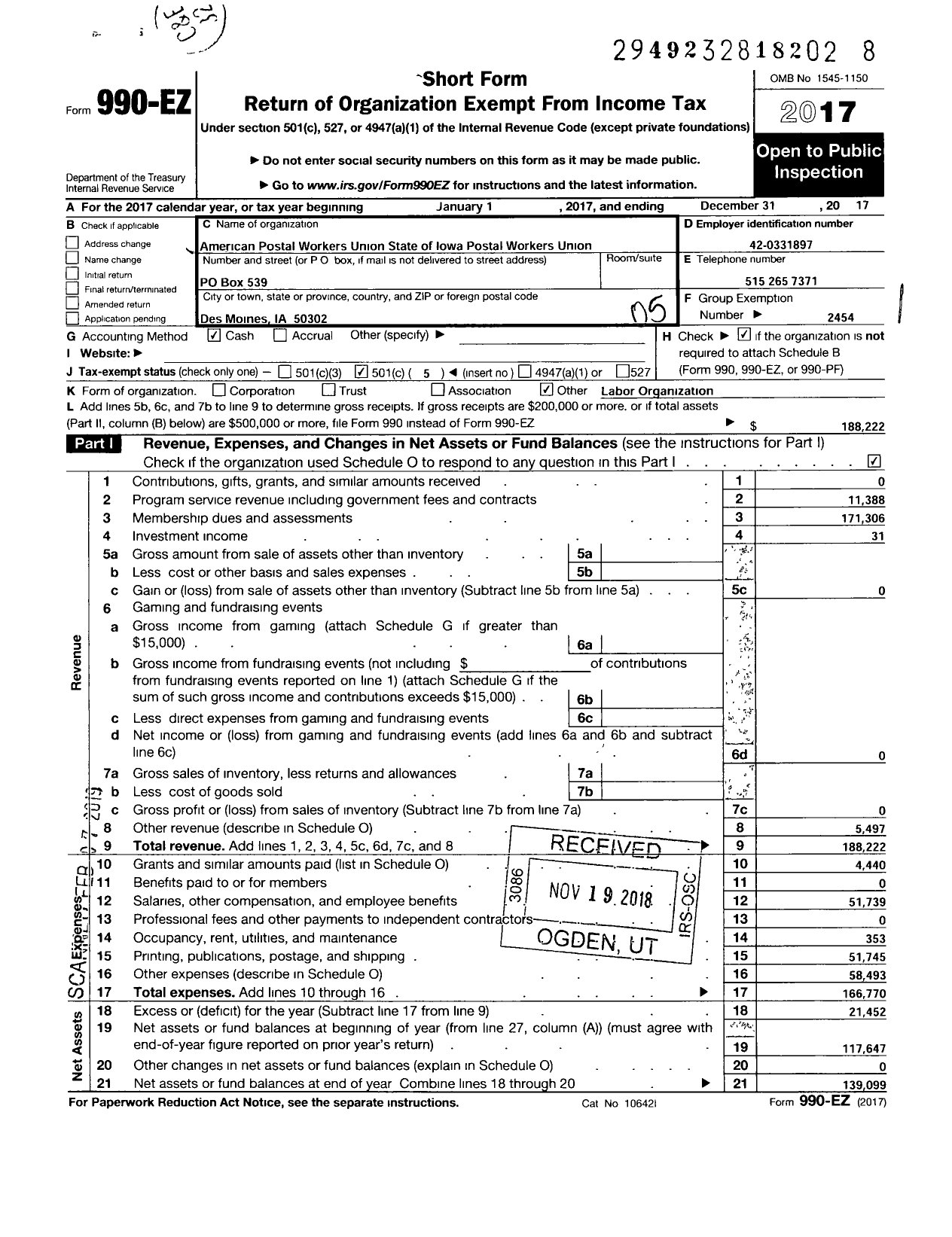 Image of first page of 2017 Form 990EO for AMERICAN POSTAL Workers Union - AMERICAN POSTAL Workers Union State of Iowa POSTAL Workers Union