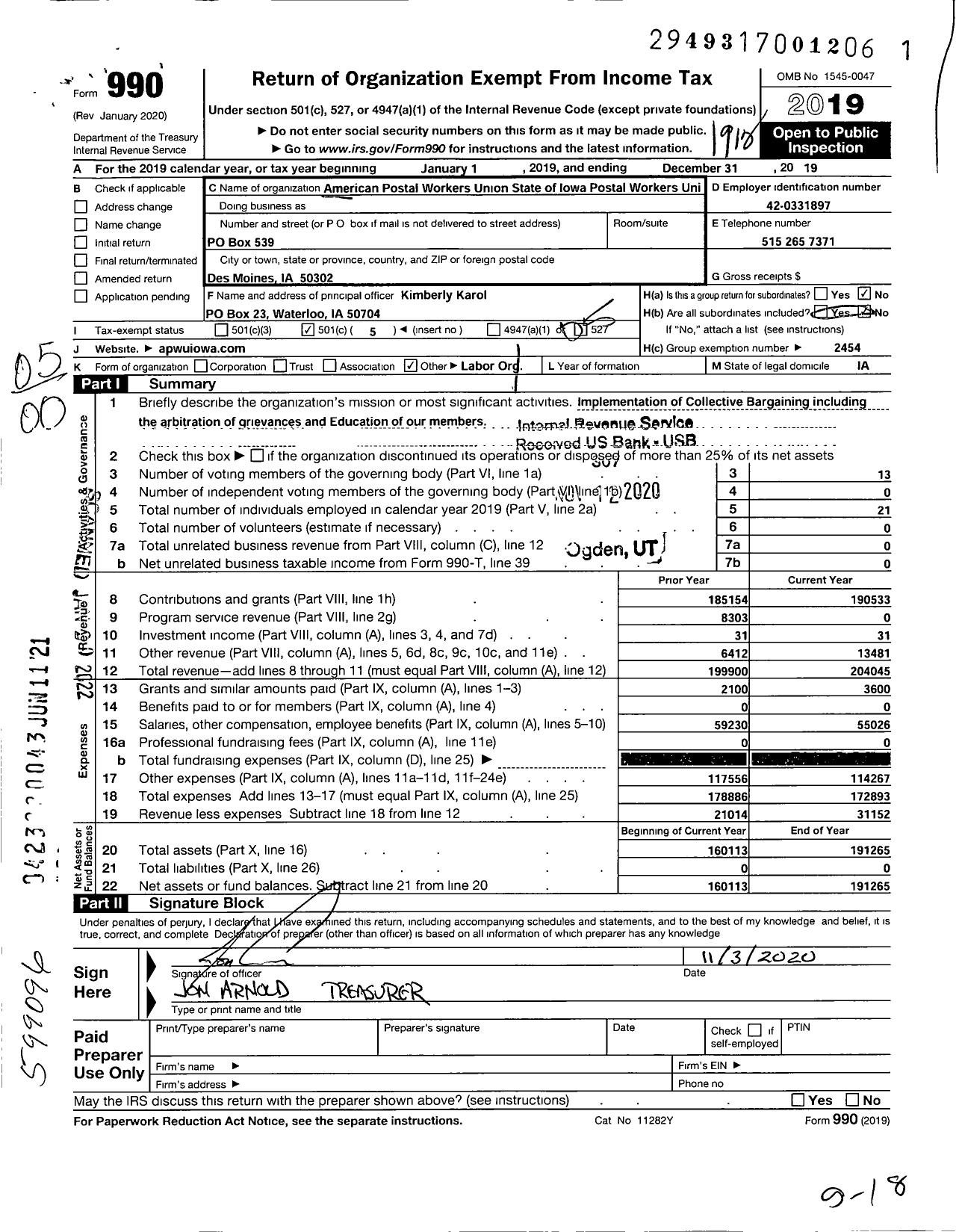 Image of first page of 2019 Form 990O for AMERICAN POSTAL Workers Union - AMERICAN POSTAL Workers Union State of Iowa POSTAL Workers Union