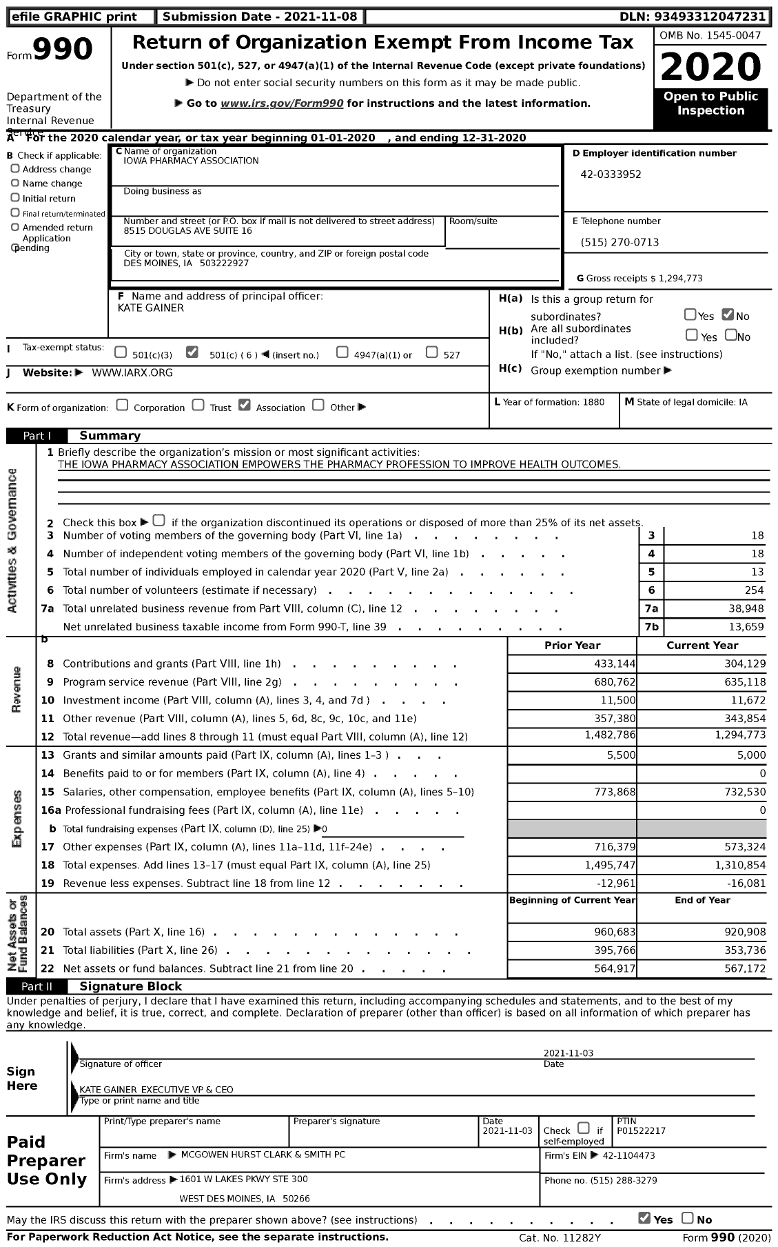 Image of first page of 2020 Form 990 for Iowa Pharmacy Association (IPA)