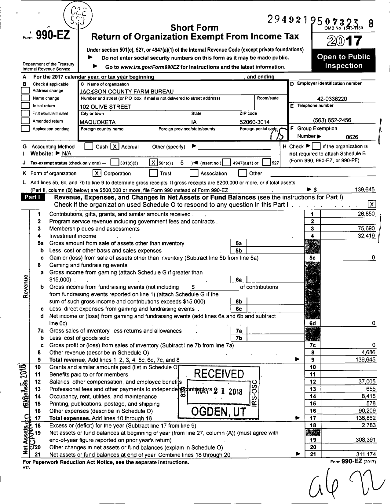 Image of first page of 2017 Form 990EO for Iowa Farm Bureau Federation - Jackson County Farm Bureau