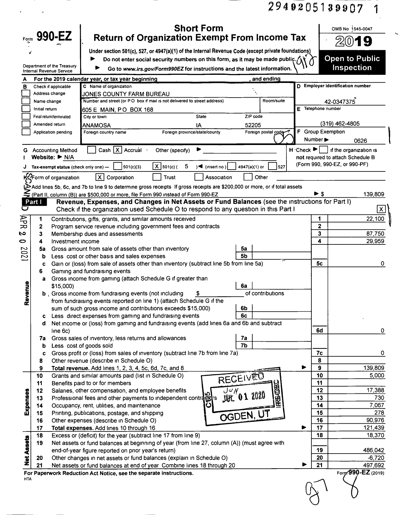 Image of first page of 2019 Form 990EO for Iowa Farm Bureau Federation - Jones County Farm Bureau