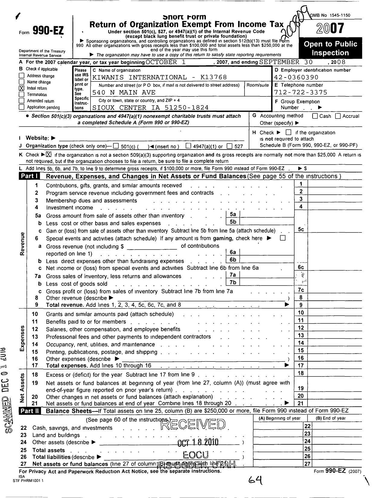 Image of first page of 2007 Form 990EO for Kiwanis International - K13768 Sioux City