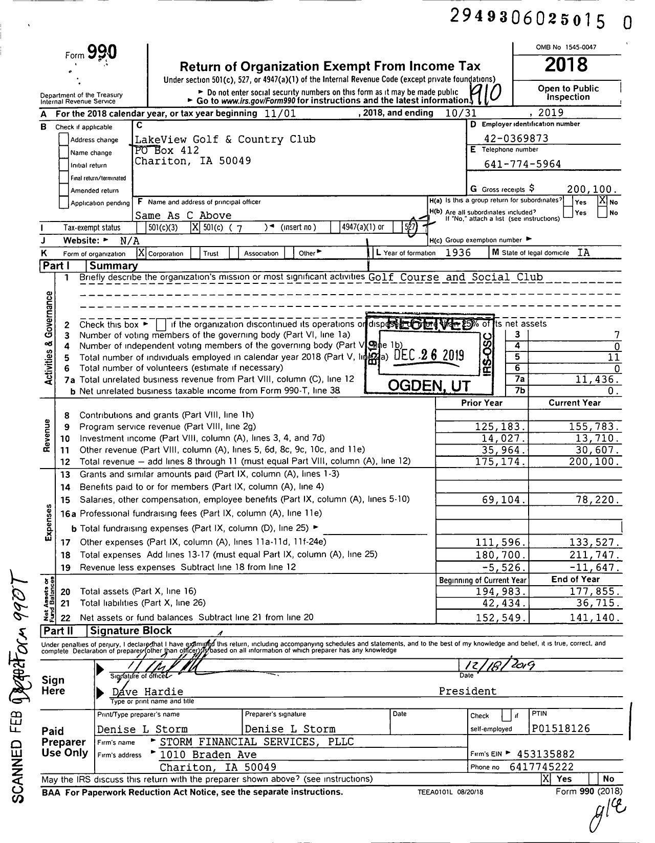 Image of first page of 2018 Form 990O for LakeView Golf & Country Club