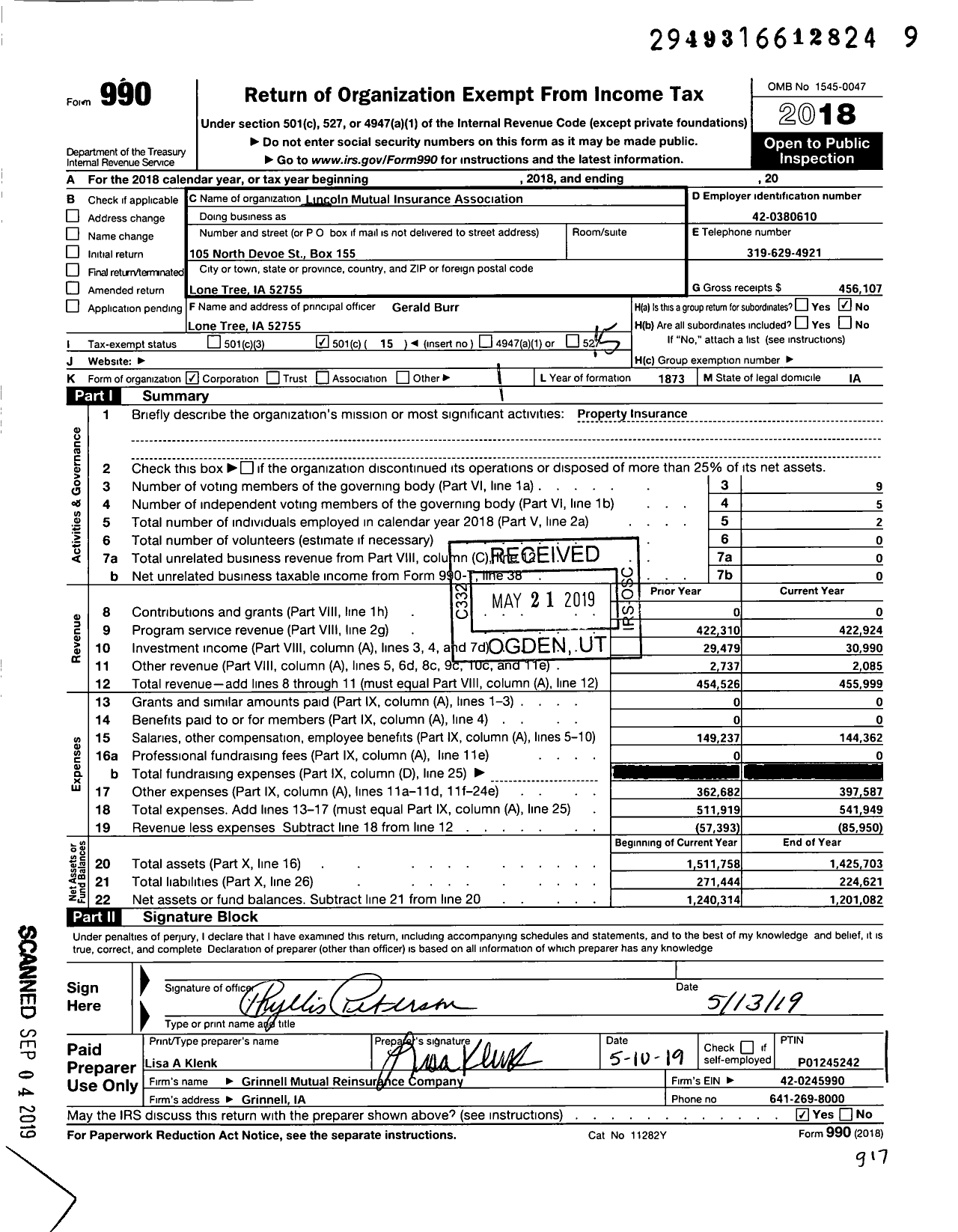 Image of first page of 2018 Form 990O for Lincoln Mutual Insurance Association