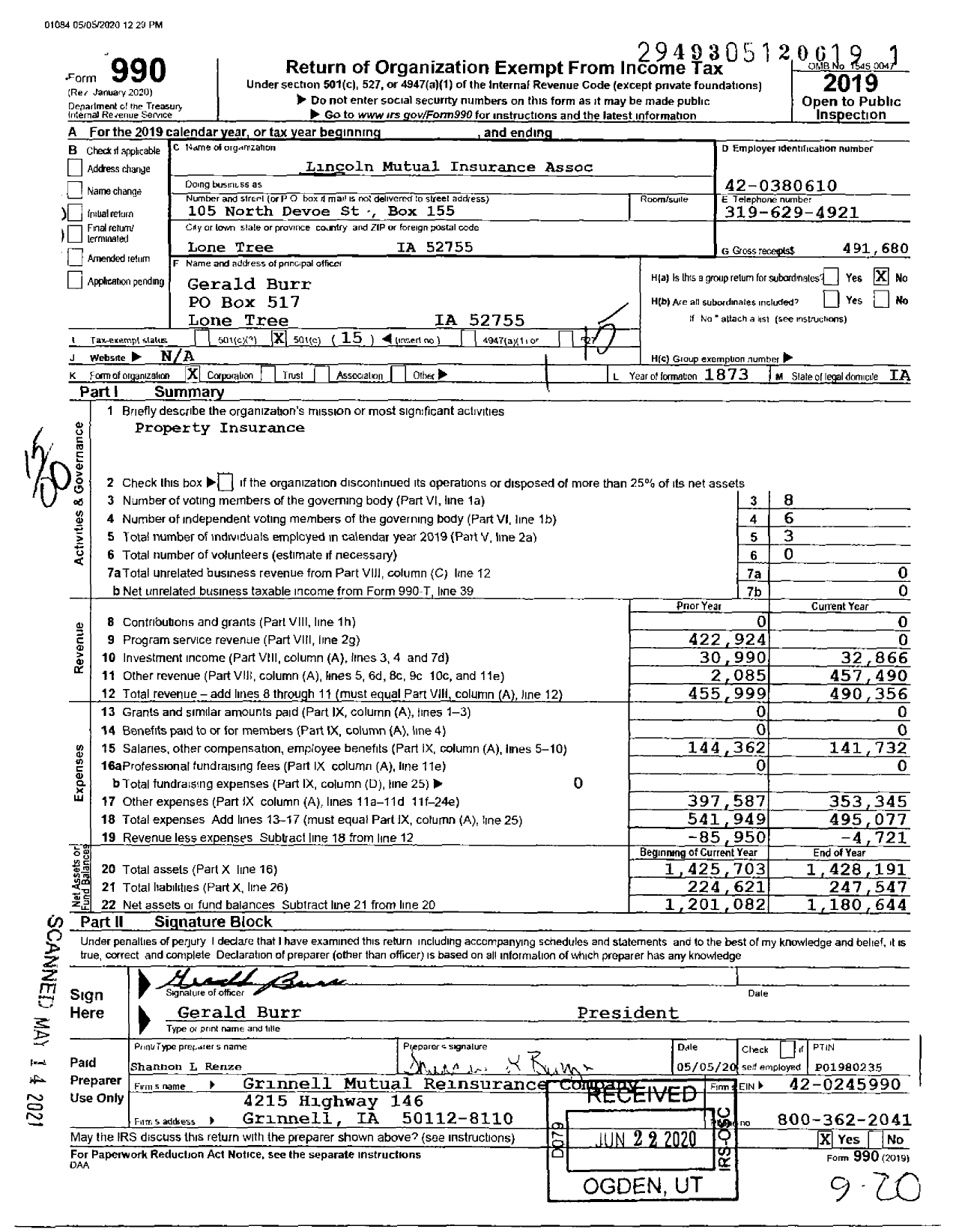 Image of first page of 2019 Form 990O for Lincoln Mutual Insurance Association