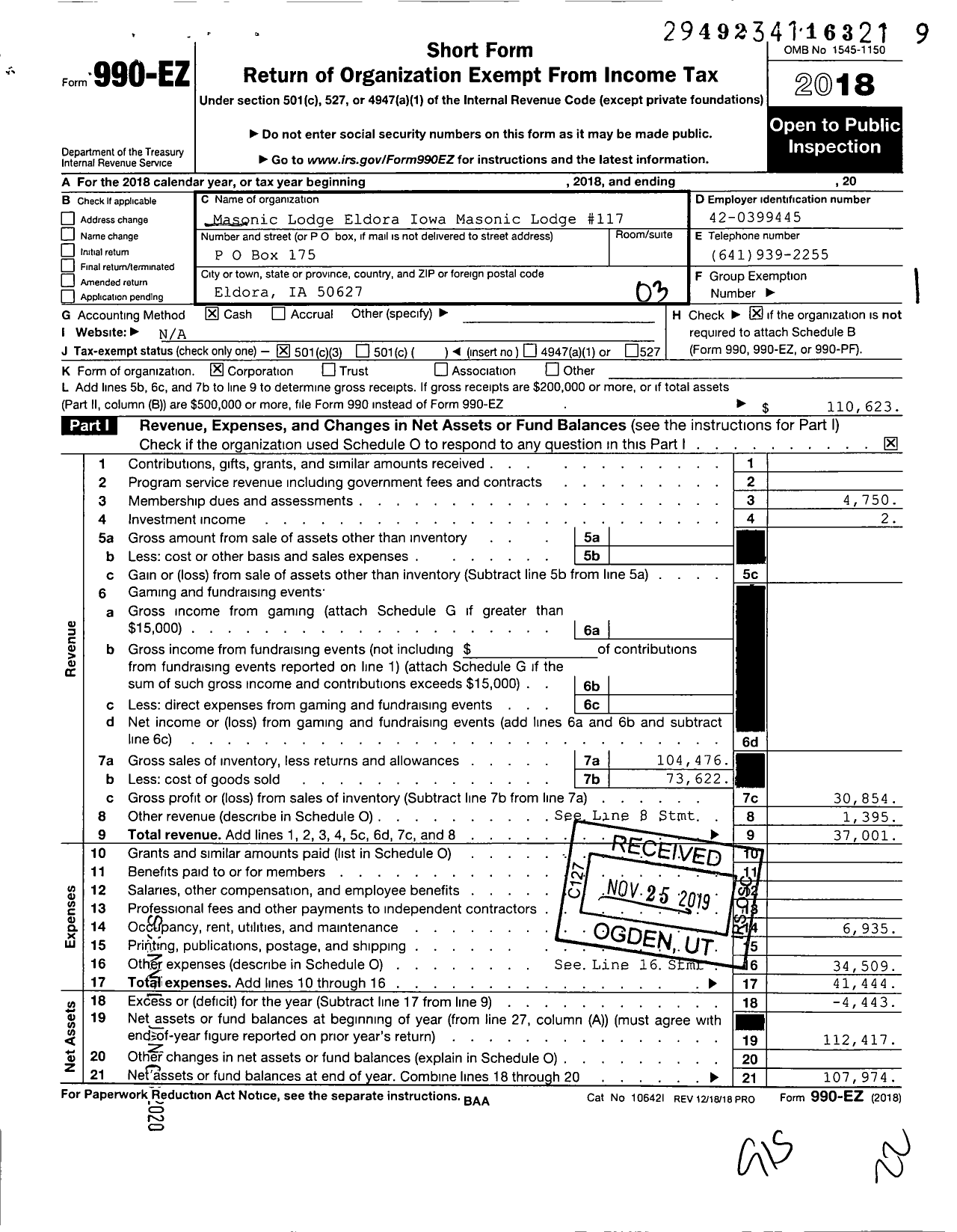 Image of first page of 2018 Form 990EZ for Masonic Temple Association Mason Building