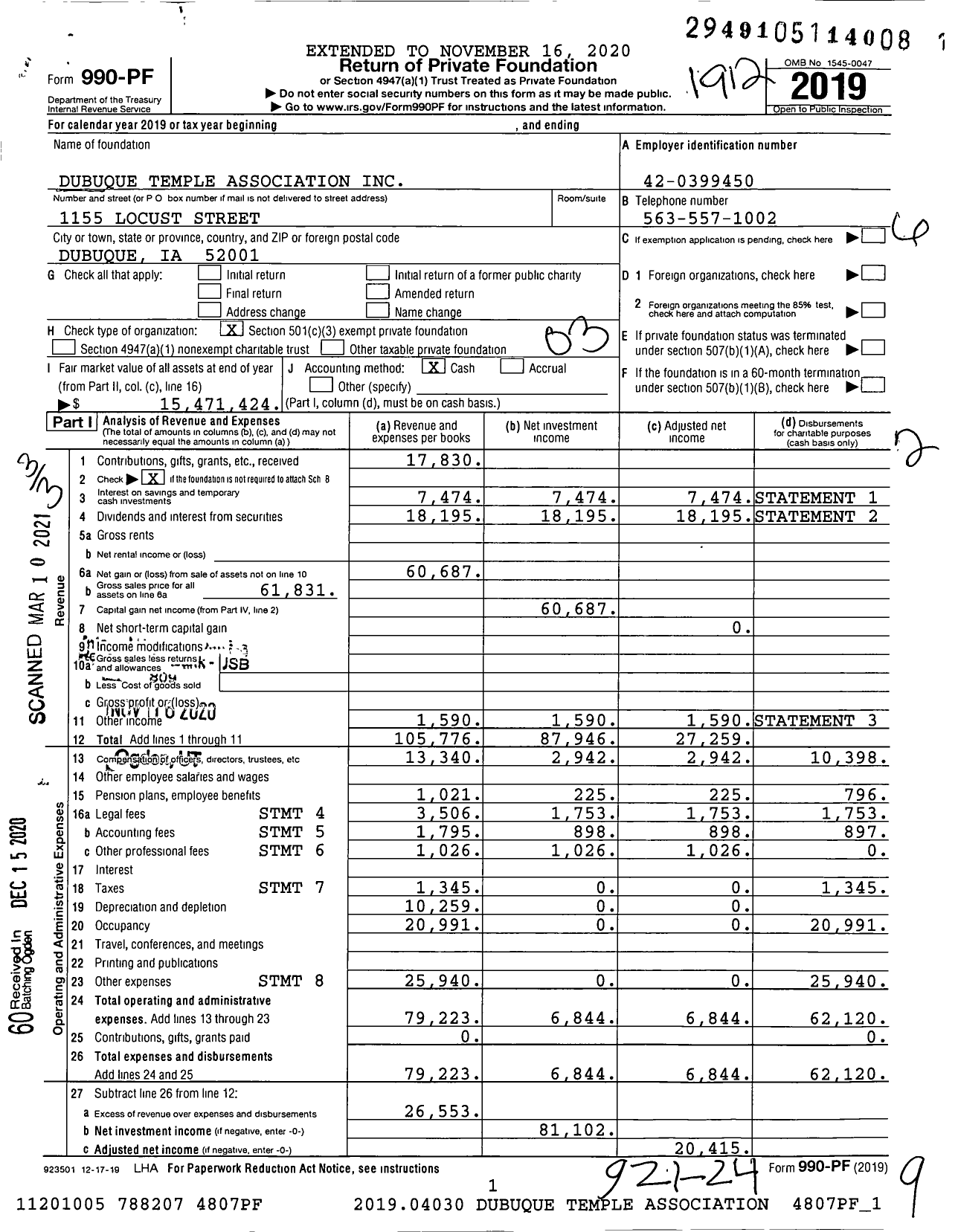 Image of first page of 2019 Form 990PF for Dubuque Temple Association