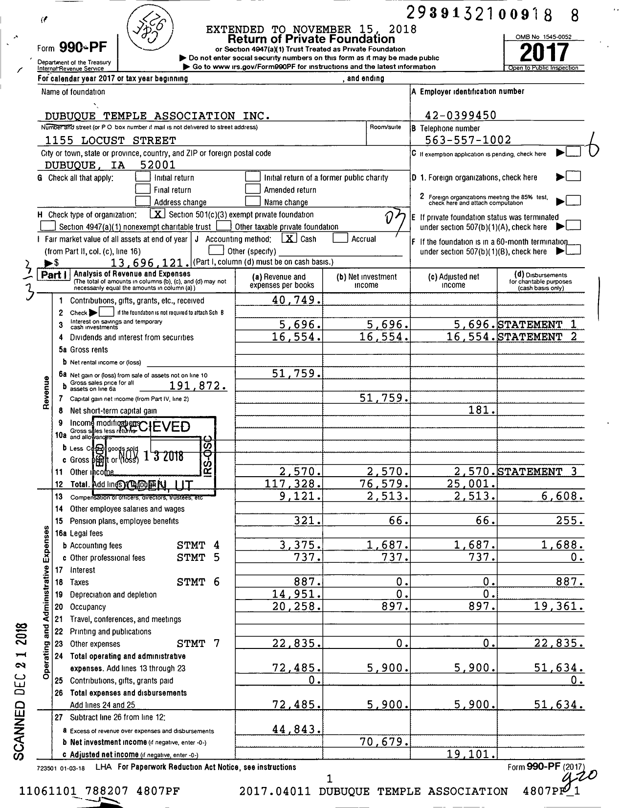 Image of first page of 2017 Form 990PF for Dubuque Temple Association