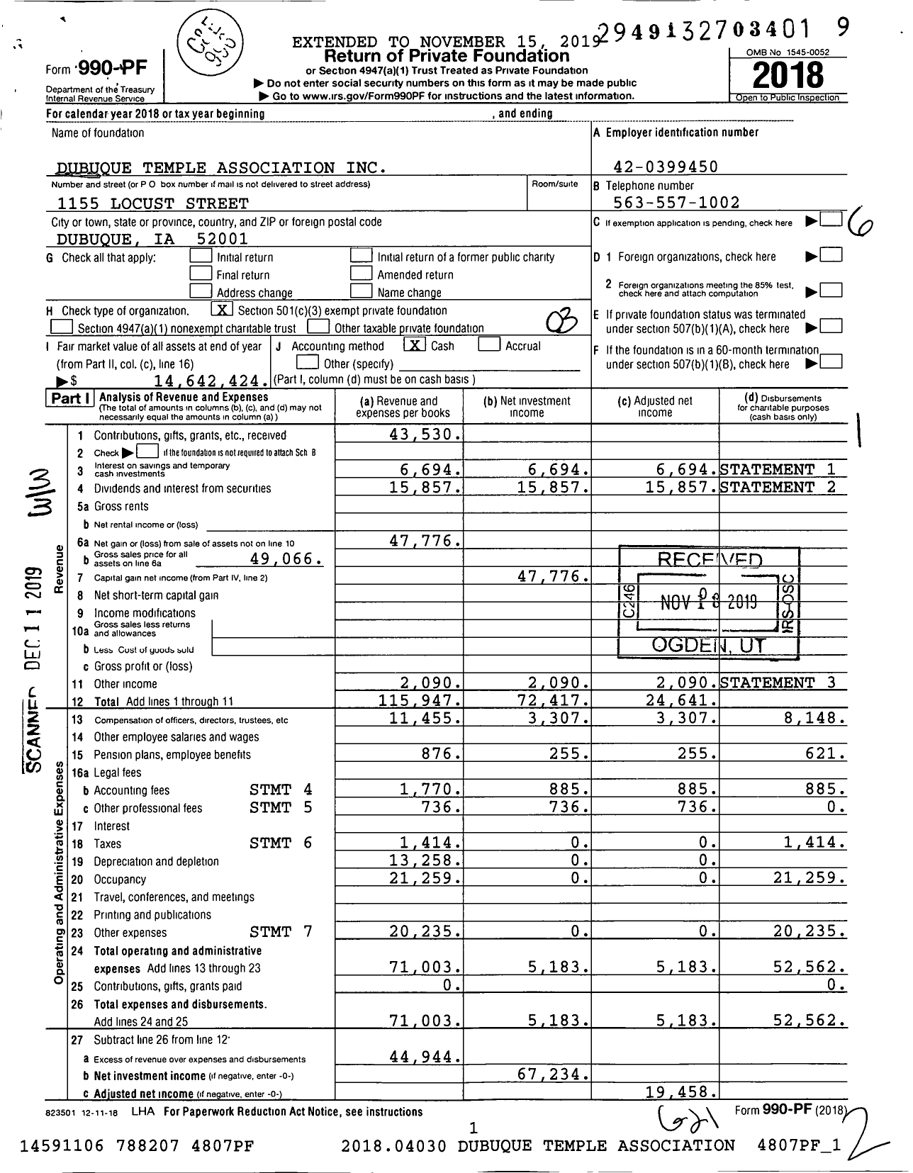 Image of first page of 2018 Form 990PF for Dubuque Temple Association