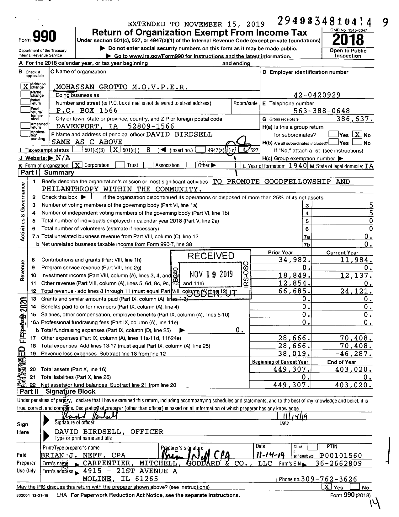 Image of first page of 2018 Form 990O for Mohassan Grotto Movper