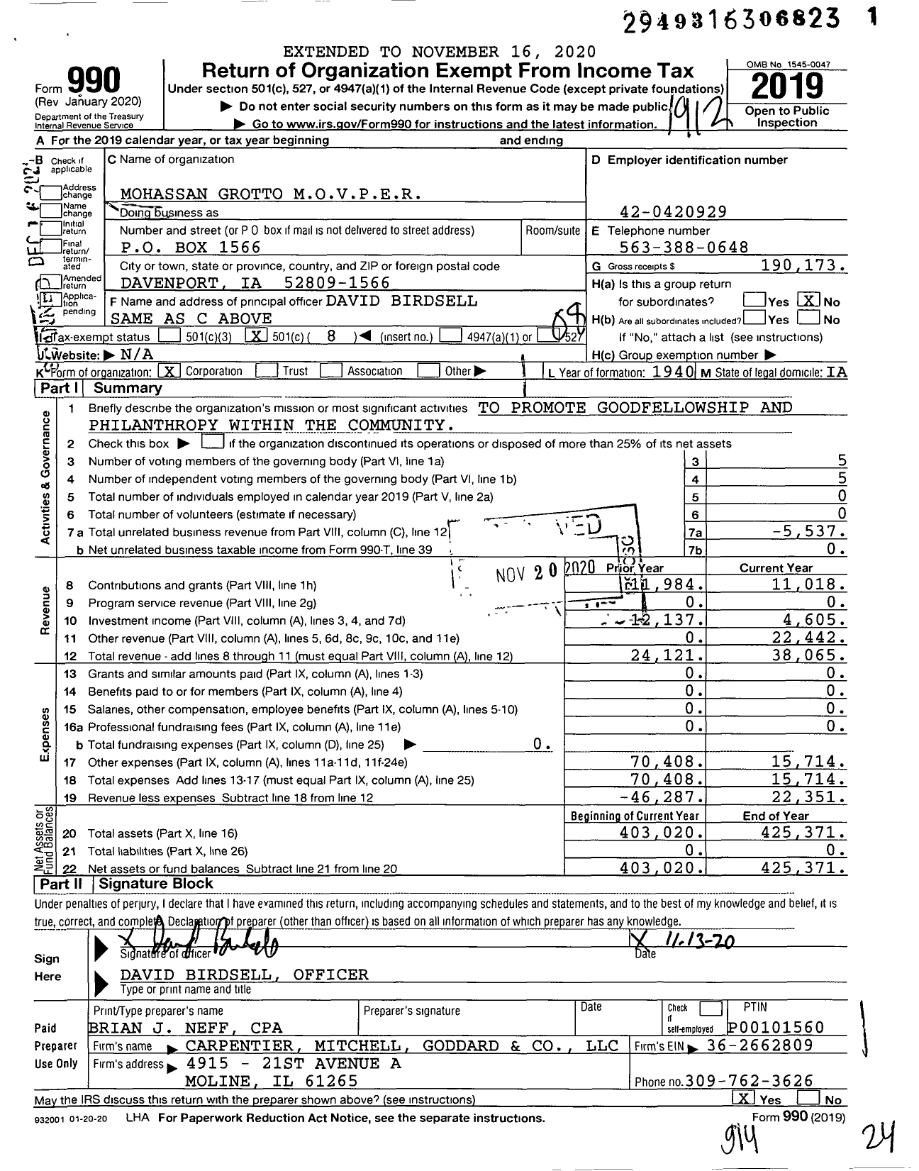 Image of first page of 2019 Form 990O for Mohassan Grotto Movper