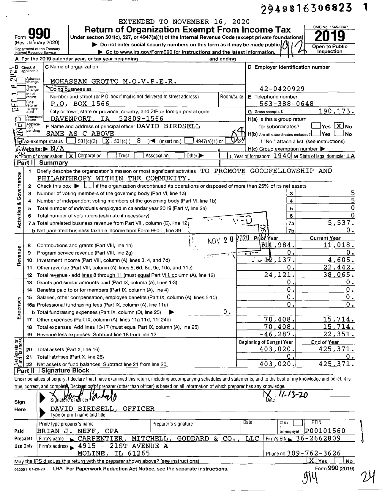 Image of first page of 2019 Form 990O for Mystic Order of Veiled Prophets of Enchanted Realm / Mohassan Grotto