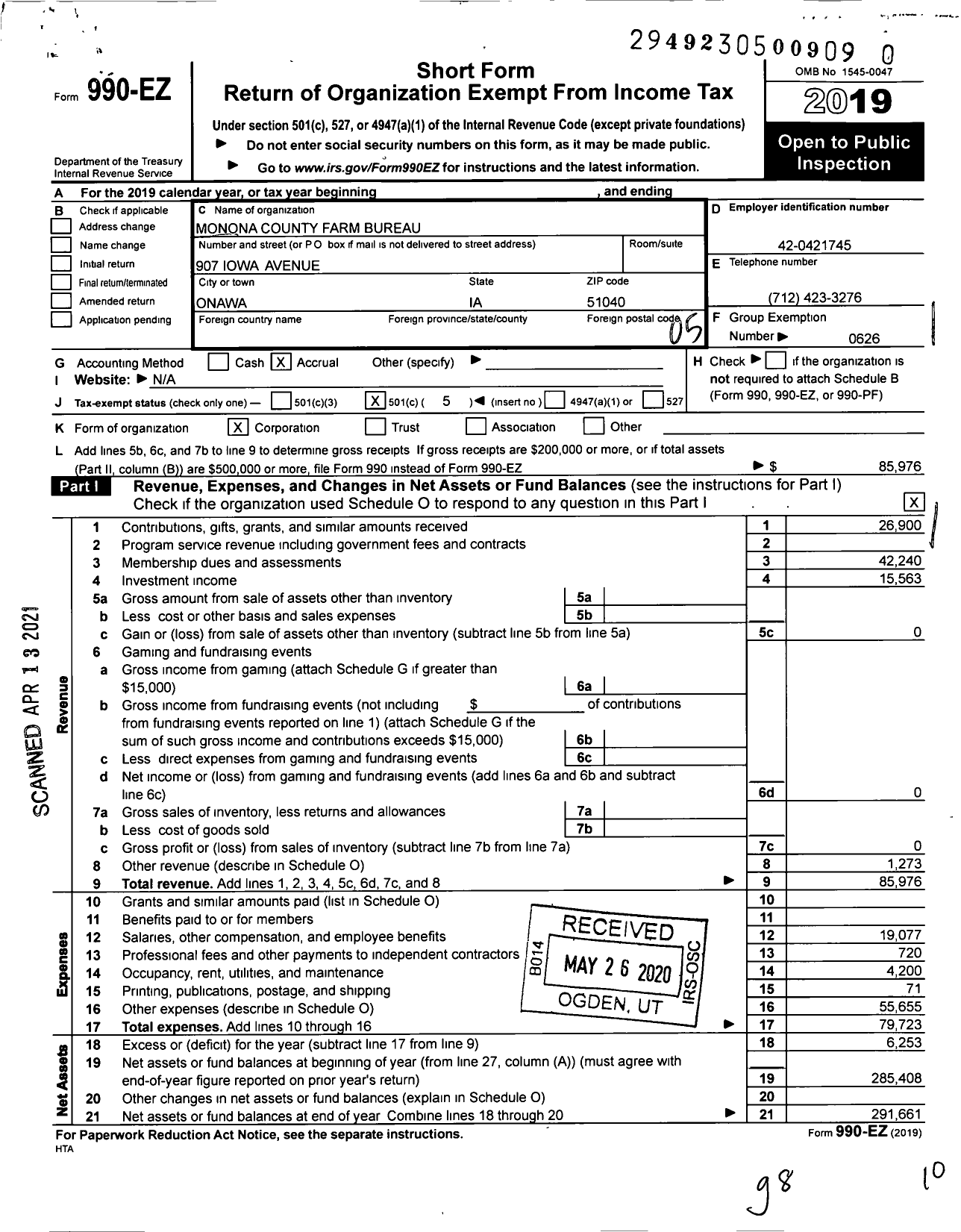 Image of first page of 2019 Form 990EO for Iowa Farm Bureau Federation - Monona County Farm Bureau