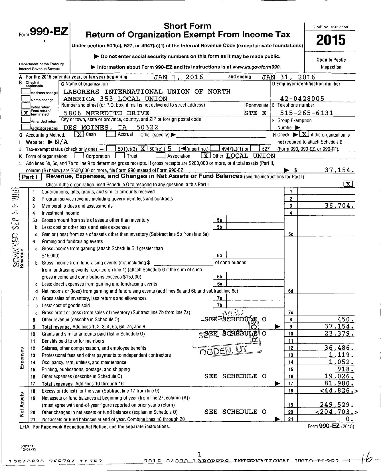 Image of first page of 2015 Form 990EO for Laborers' International Union of North America - 353 Local Union