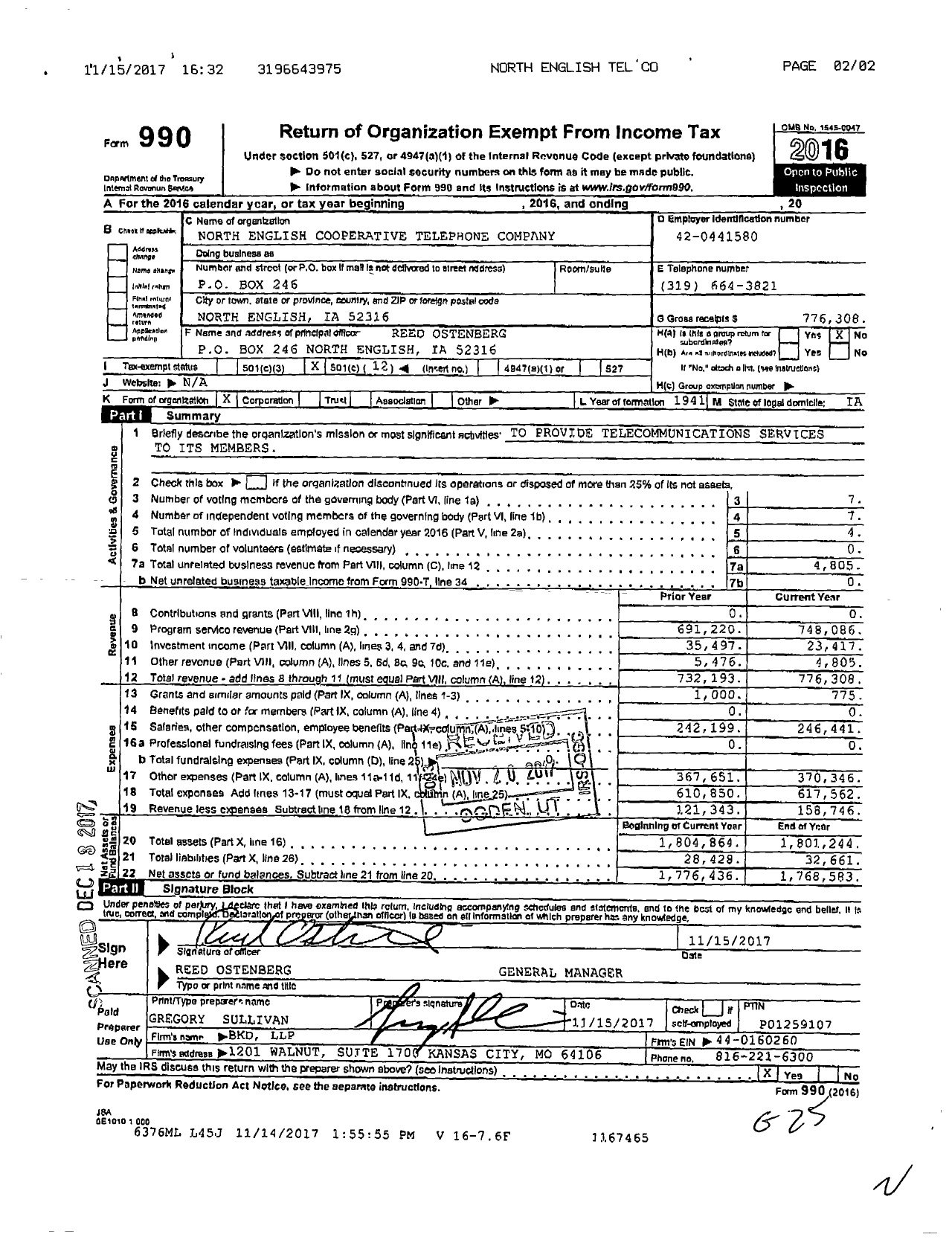 Image of first page of 2016 Form 990O for North English Cooperative Telephone Company