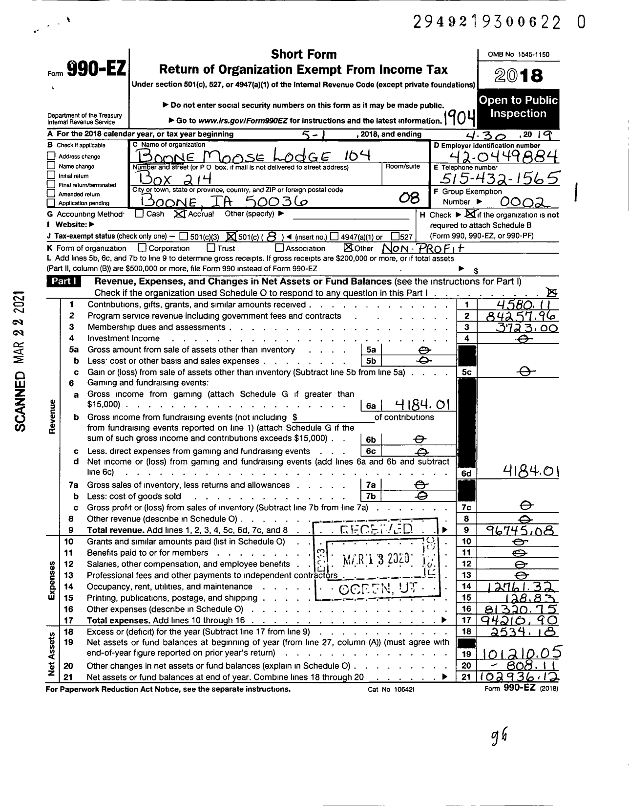 Image of first page of 2018 Form 990EO for Loyal Order of Moose - 104