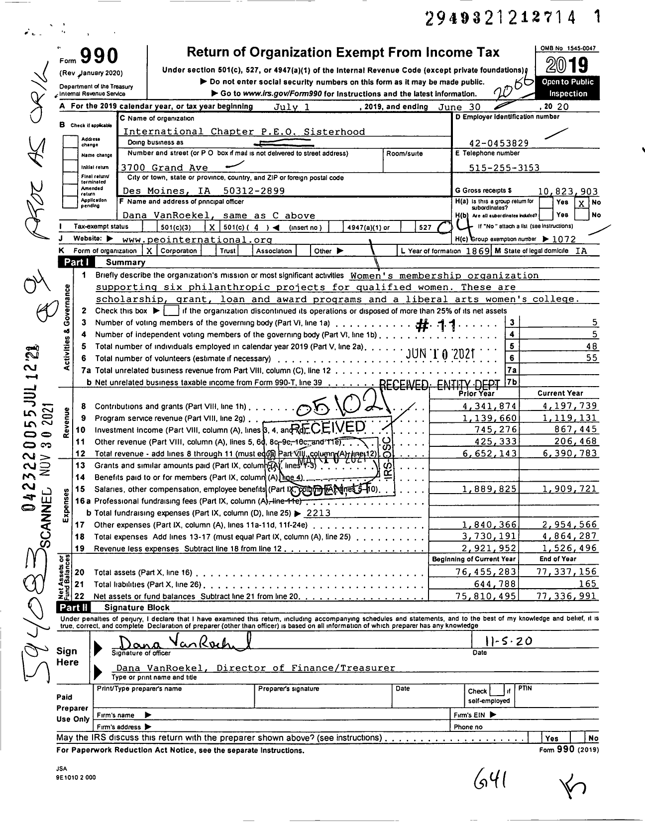 Image of first page of 2019 Form 990O for International Chapter P E O Sisterhood (P.E.O)