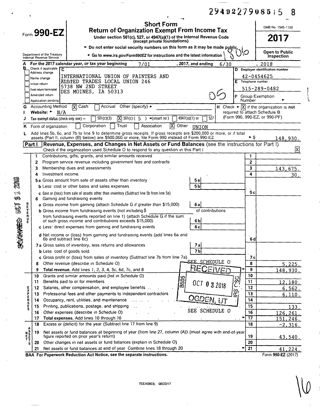 Image of first page of 2017 Form 990EO for International Union of Painters and Allied Trades - 246 Painters Local Union