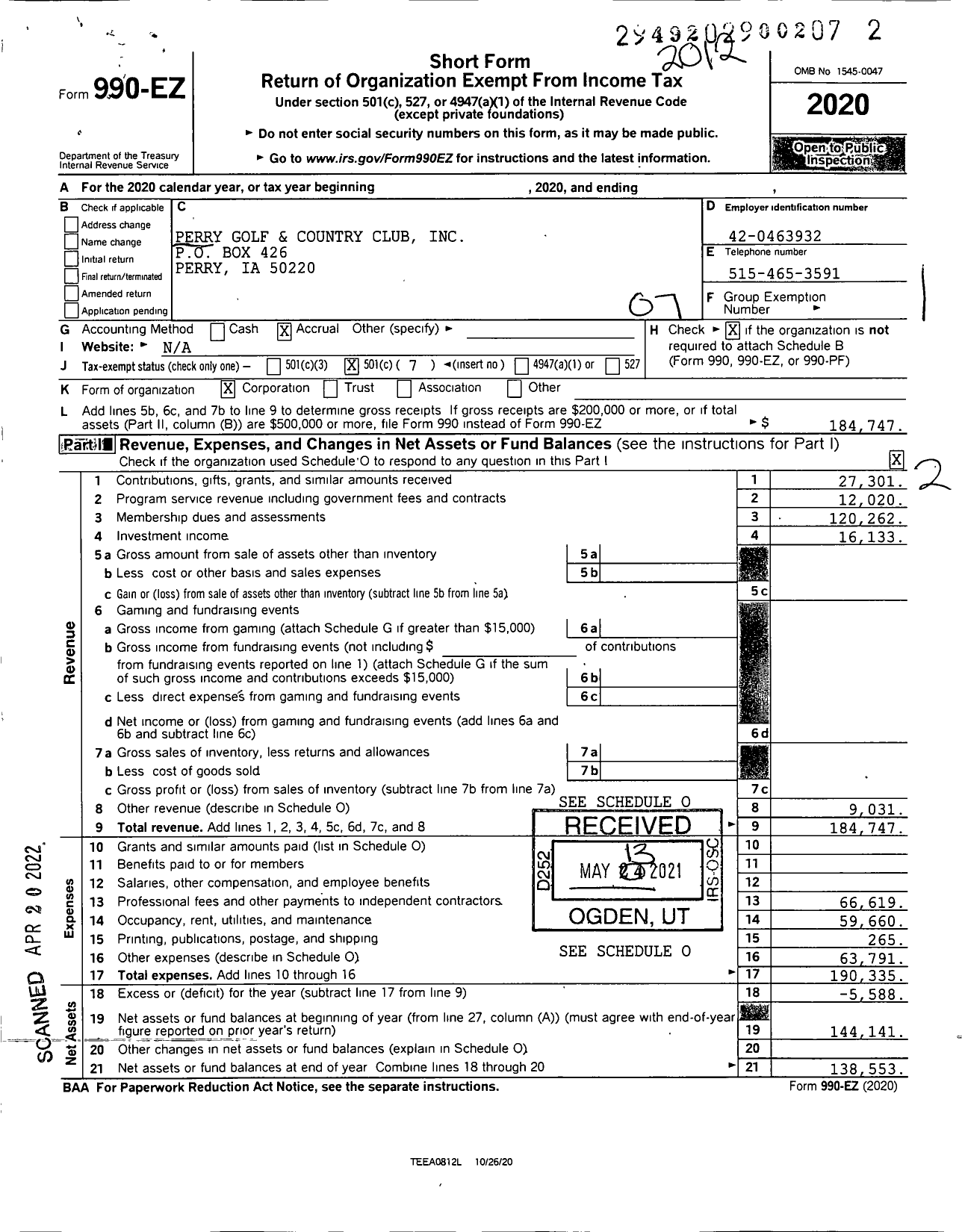 Image of first page of 2020 Form 990EO for Perry Golf and Country Club