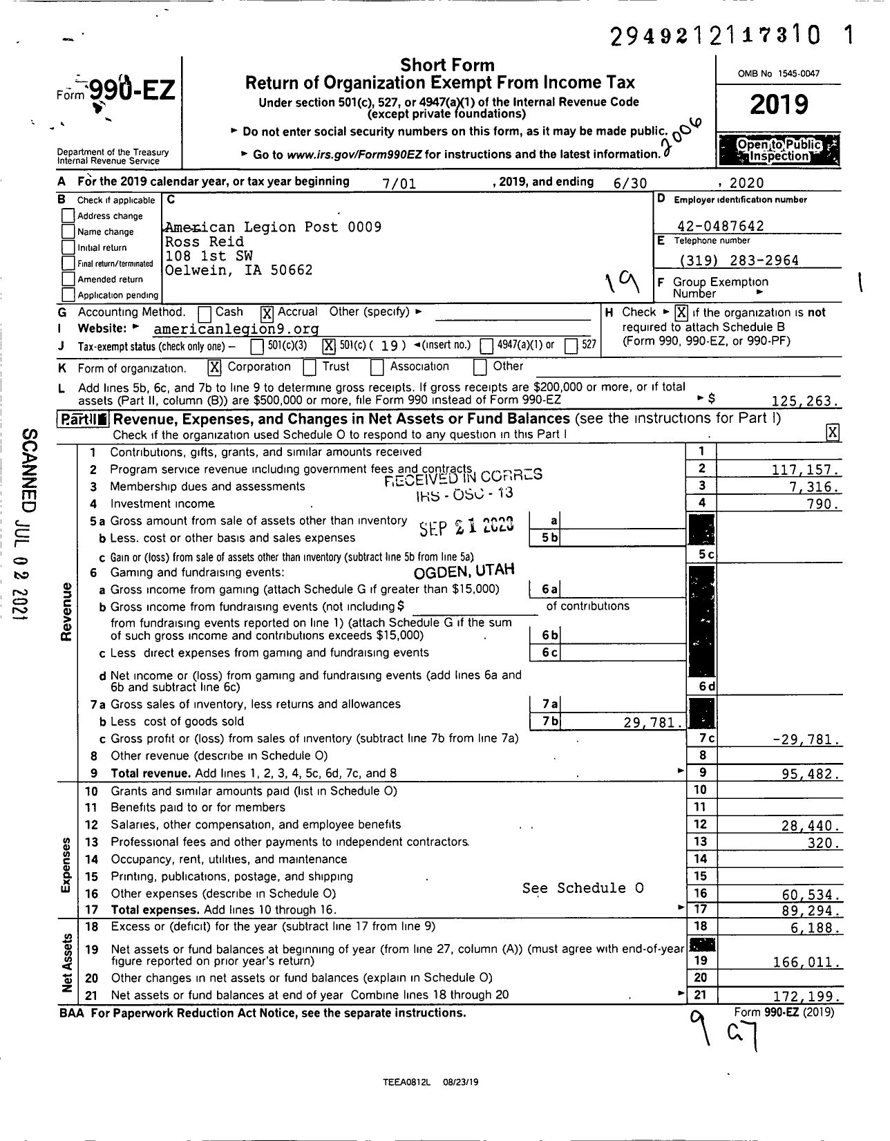 Image of first page of 2019 Form 990EO for American Legion - 0009 Ross Reid