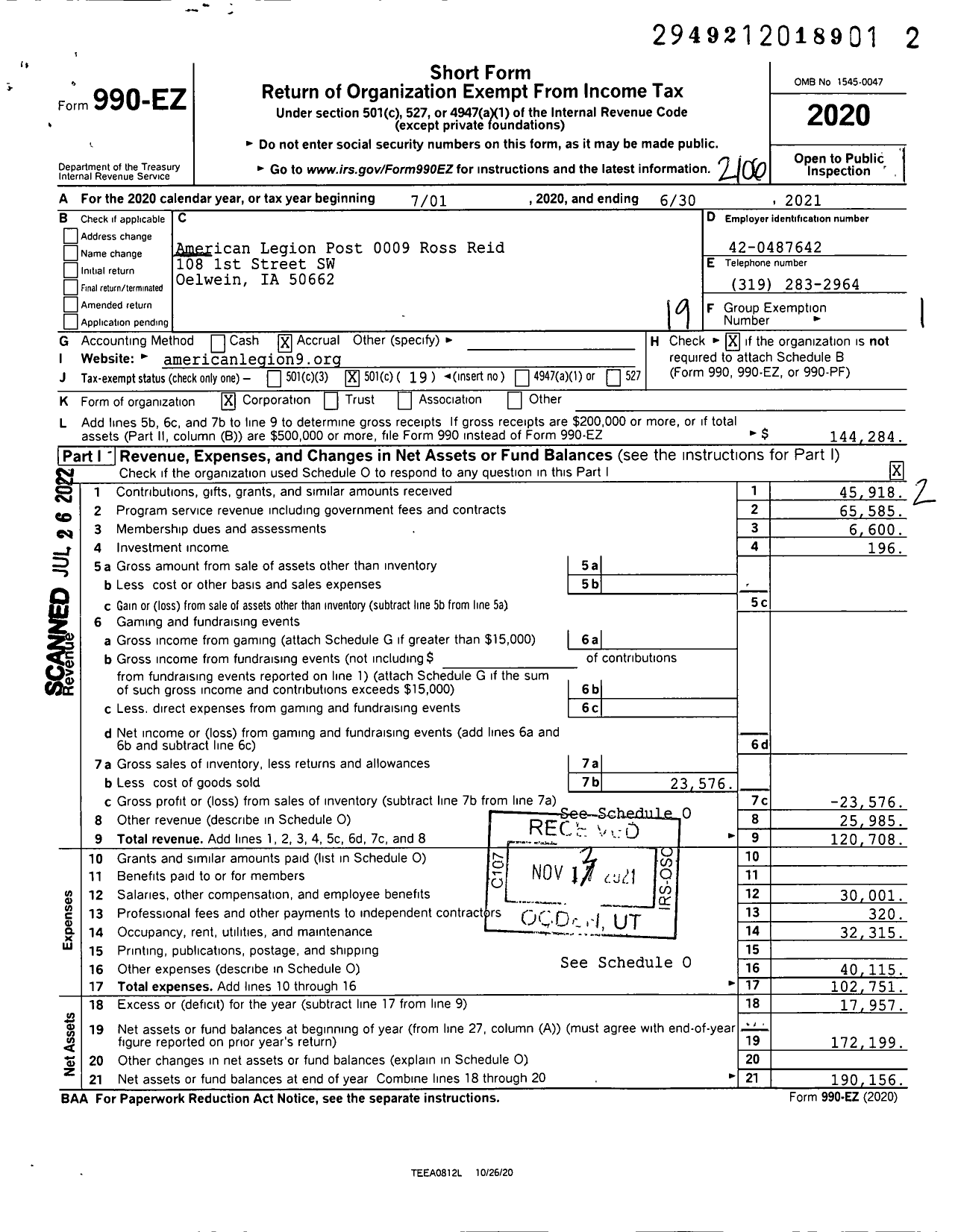 Image of first page of 2020 Form 990EO for American Legion - 0009 Ross Reid