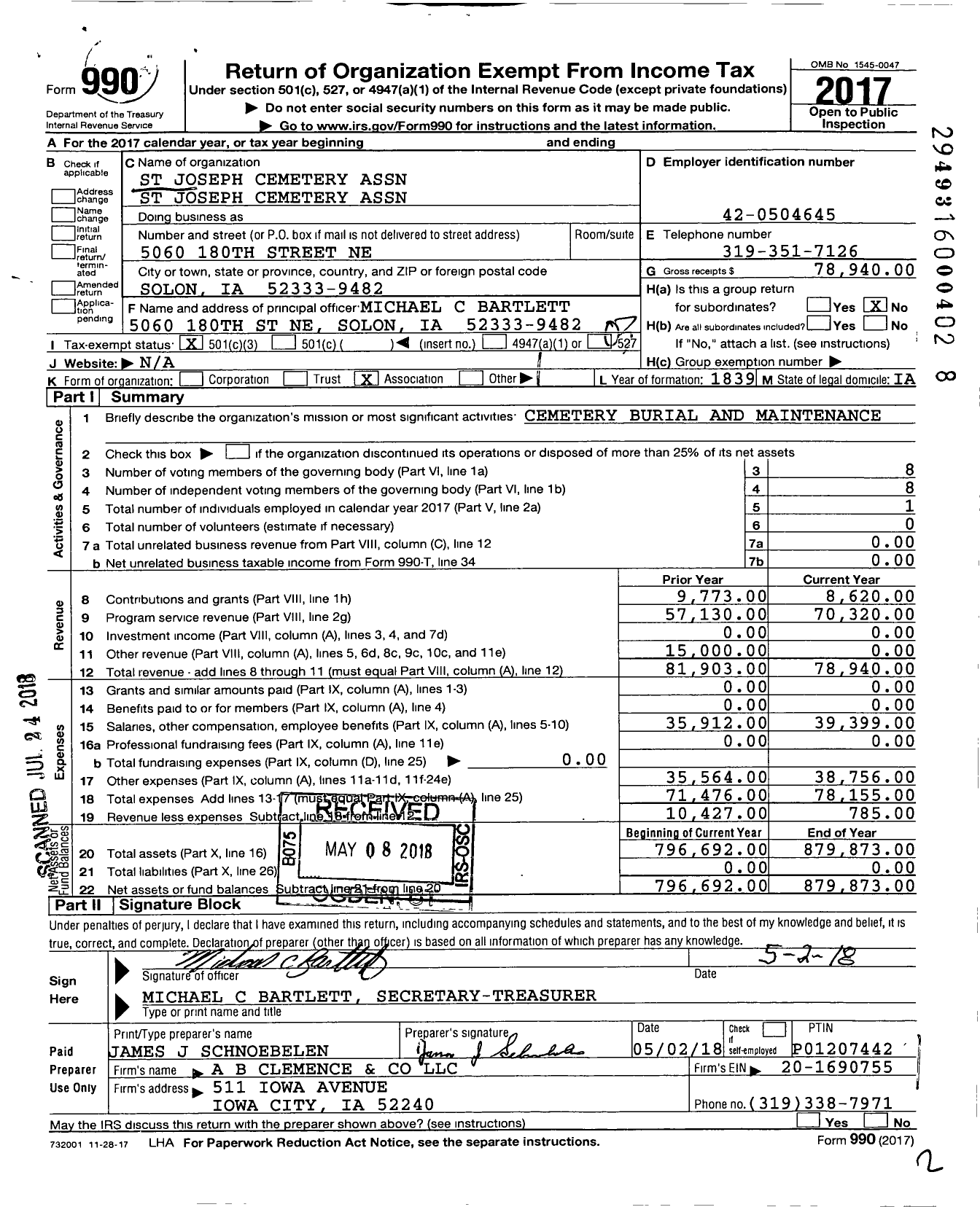Image of first page of 2017 Form 990 for St Joseph Cemetery Association