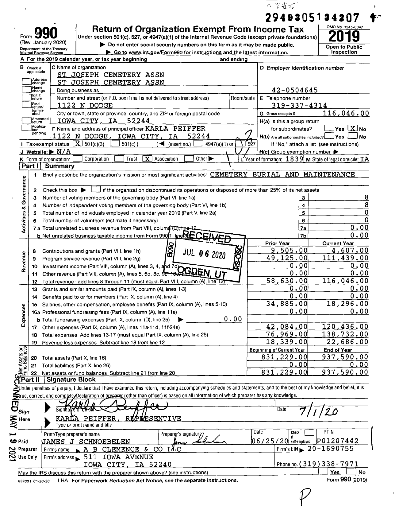 Image of first page of 2019 Form 990 for St Joseph Cemetery Association