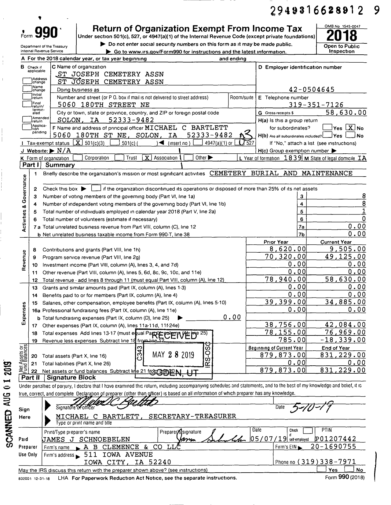 Image of first page of 2018 Form 990 for St Joseph Cemetery Association