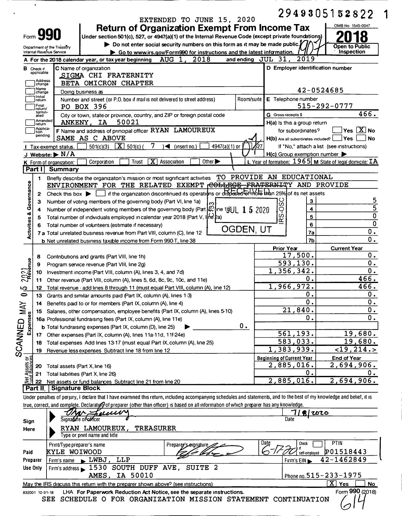 Image of first page of 2018 Form 990O for Sigma Chi Fraternity Beta Omicron Chapter