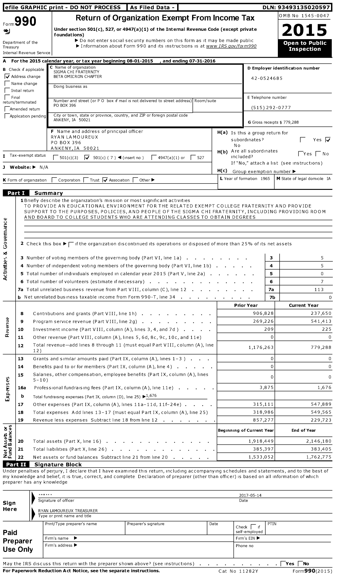 Image of first page of 2015 Form 990O for Sigma Chi Fraternity Beta Omicron Chapter