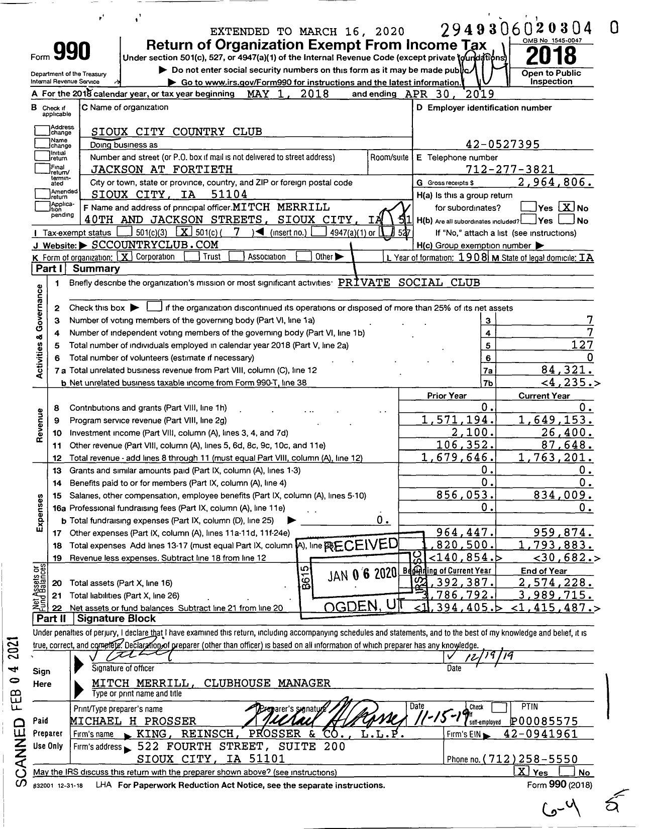 Image of first page of 2018 Form 990O for Sioux City Country Club