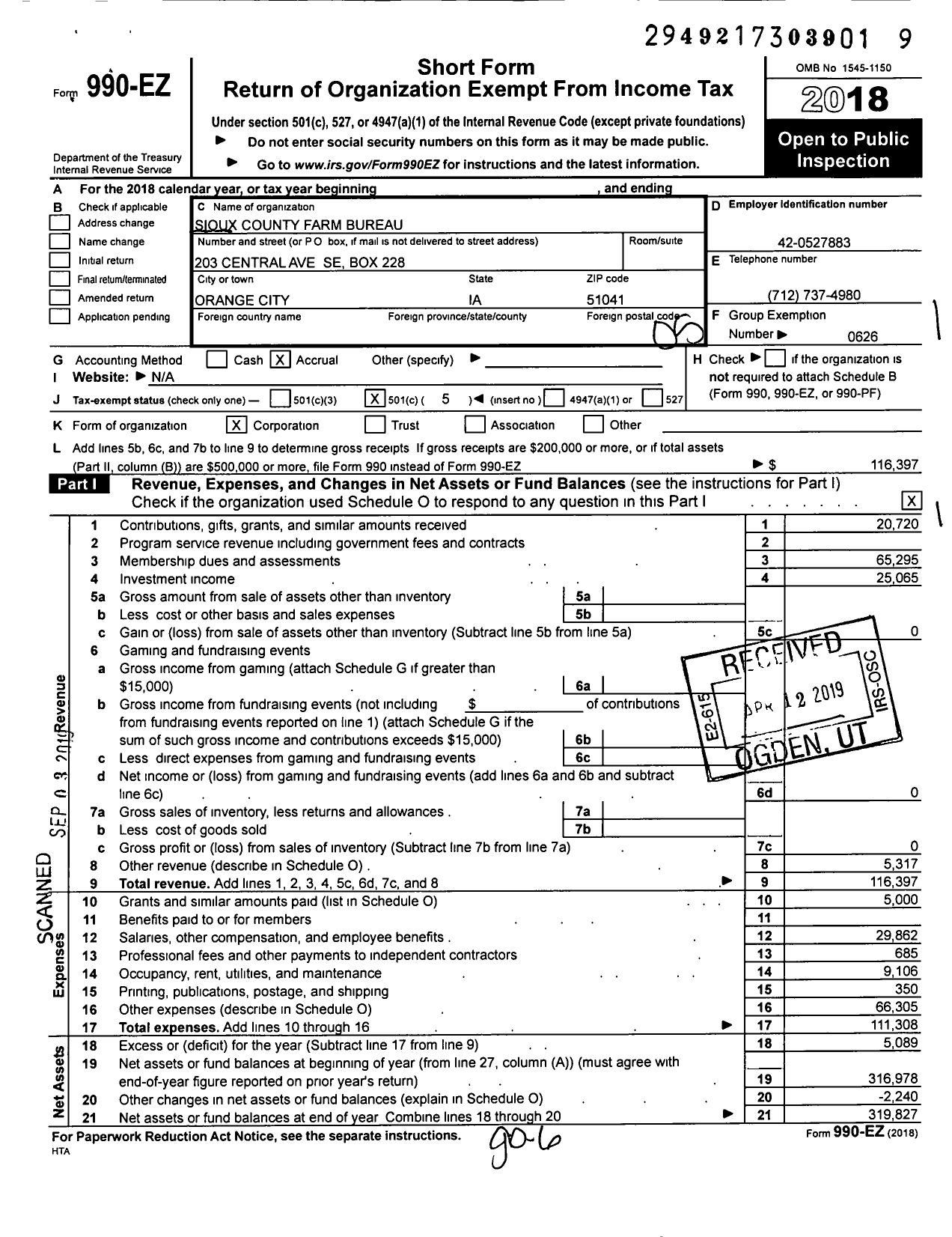 Image of first page of 2018 Form 990EO for Iowa Farm Bureau Federation - Sioux County Farm Bureau