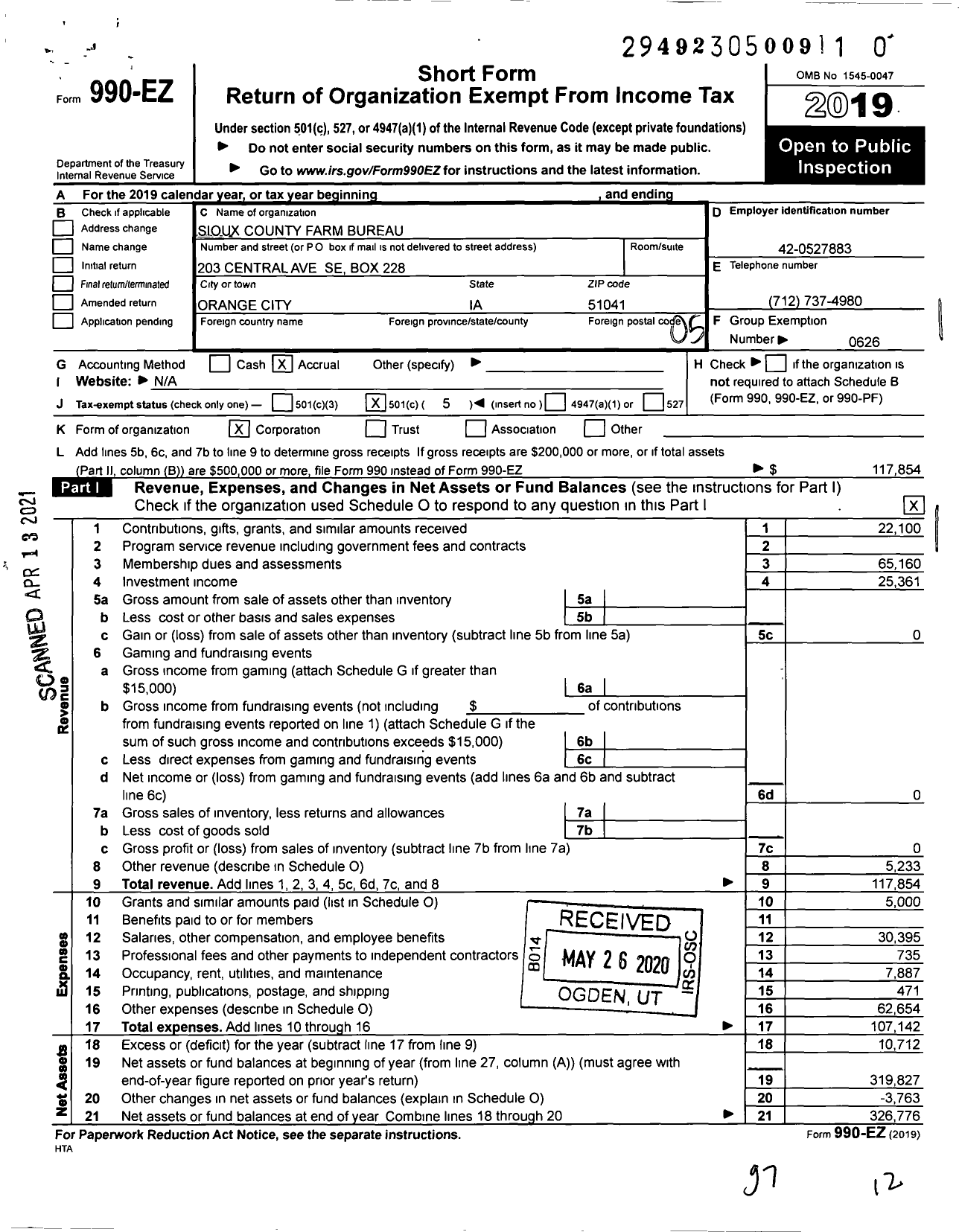 Image of first page of 2019 Form 990EO for Iowa Farm Bureau Federation - Sioux County Farm Bureau