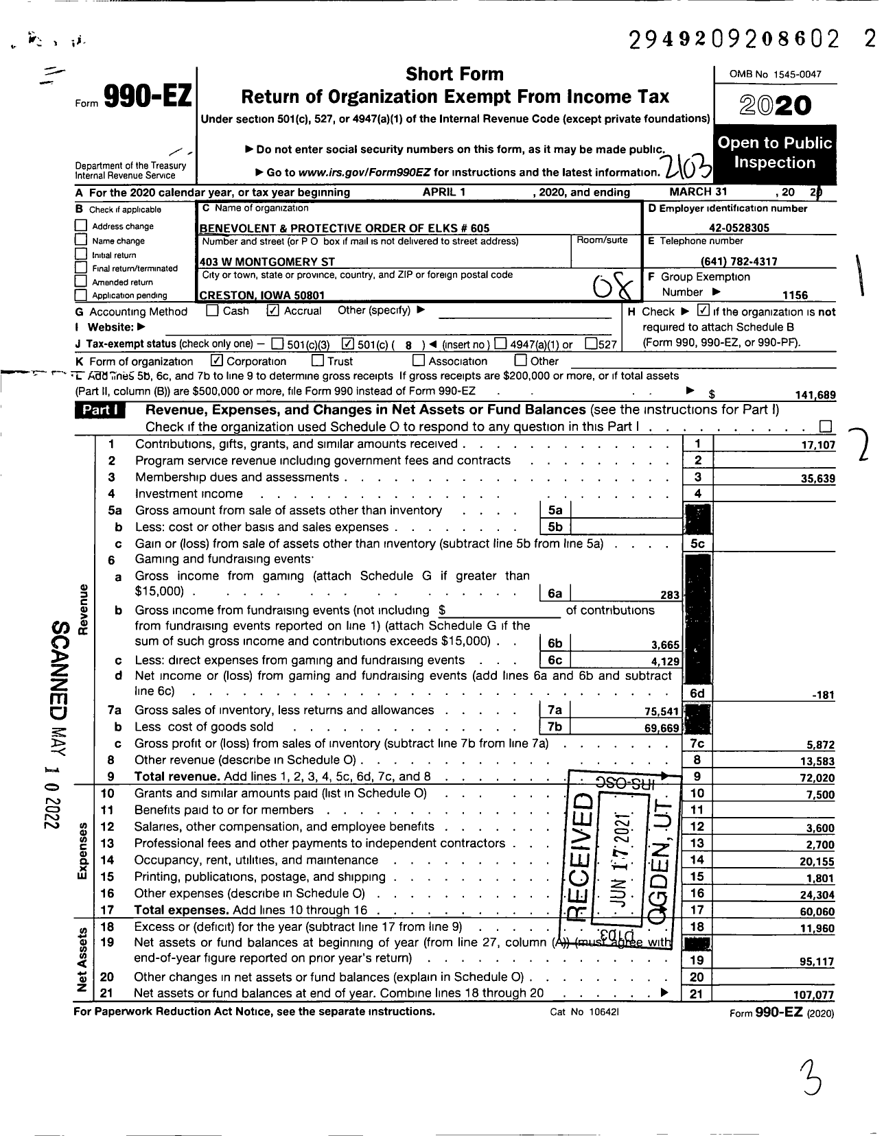 Image of first page of 2020 Form 990EO for Benevolent and Protective Order of Elks - 605 Creston