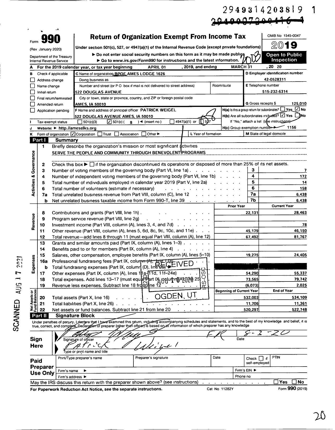 Image of first page of 2019 Form 990O for Benevolent and Protective Order of Elks - 1626 Ames