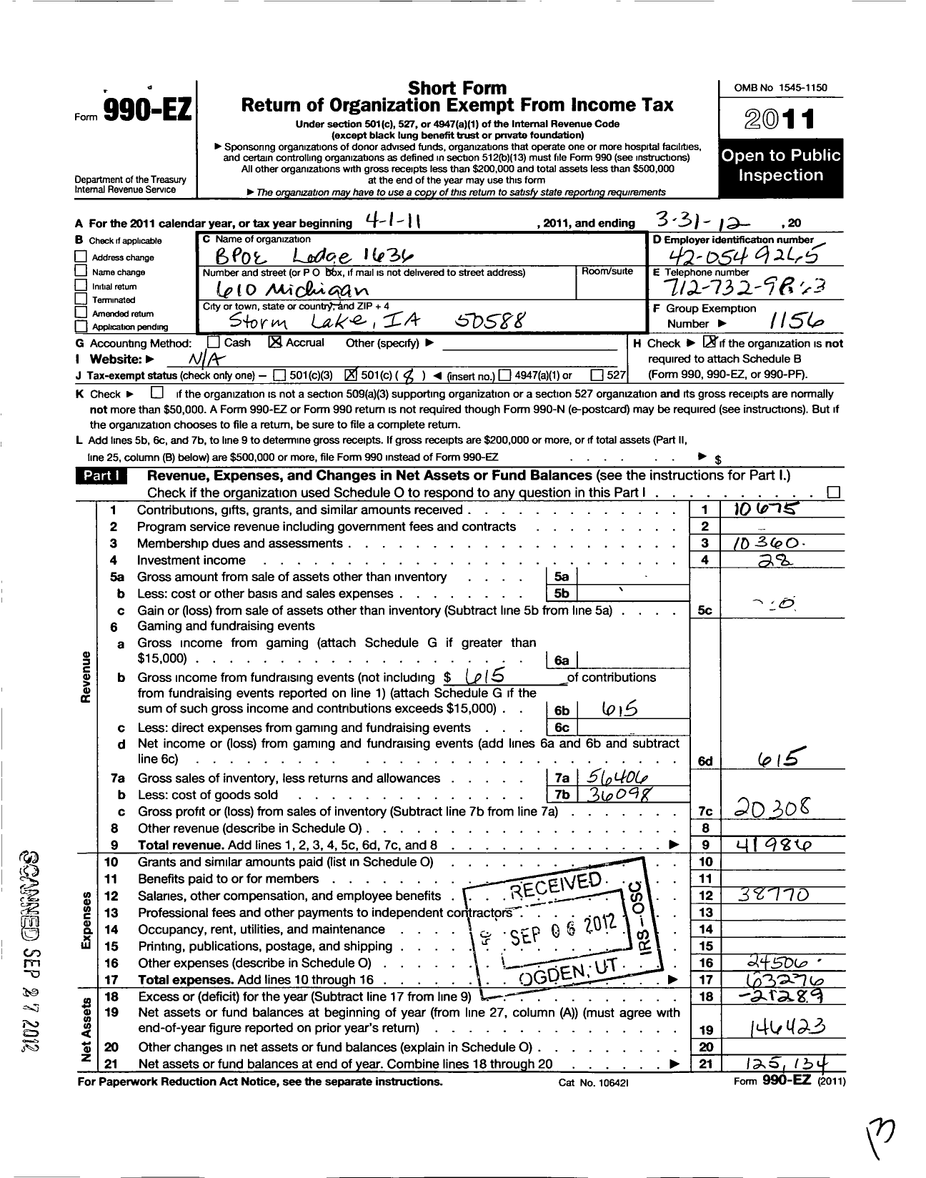 Image of first page of 2011 Form 990EO for Benevolent and Protective Order of Elks - 1636 Storm Lake