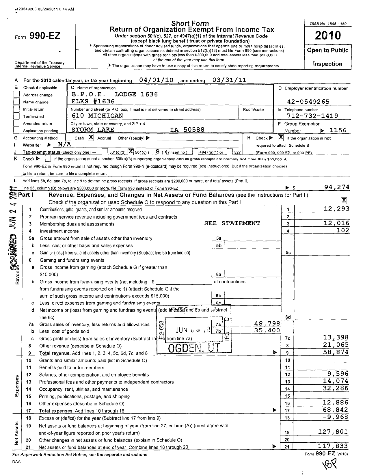 Image of first page of 2010 Form 990EO for Benevolent and Protective Order of Elks - 1636 Storm Lake