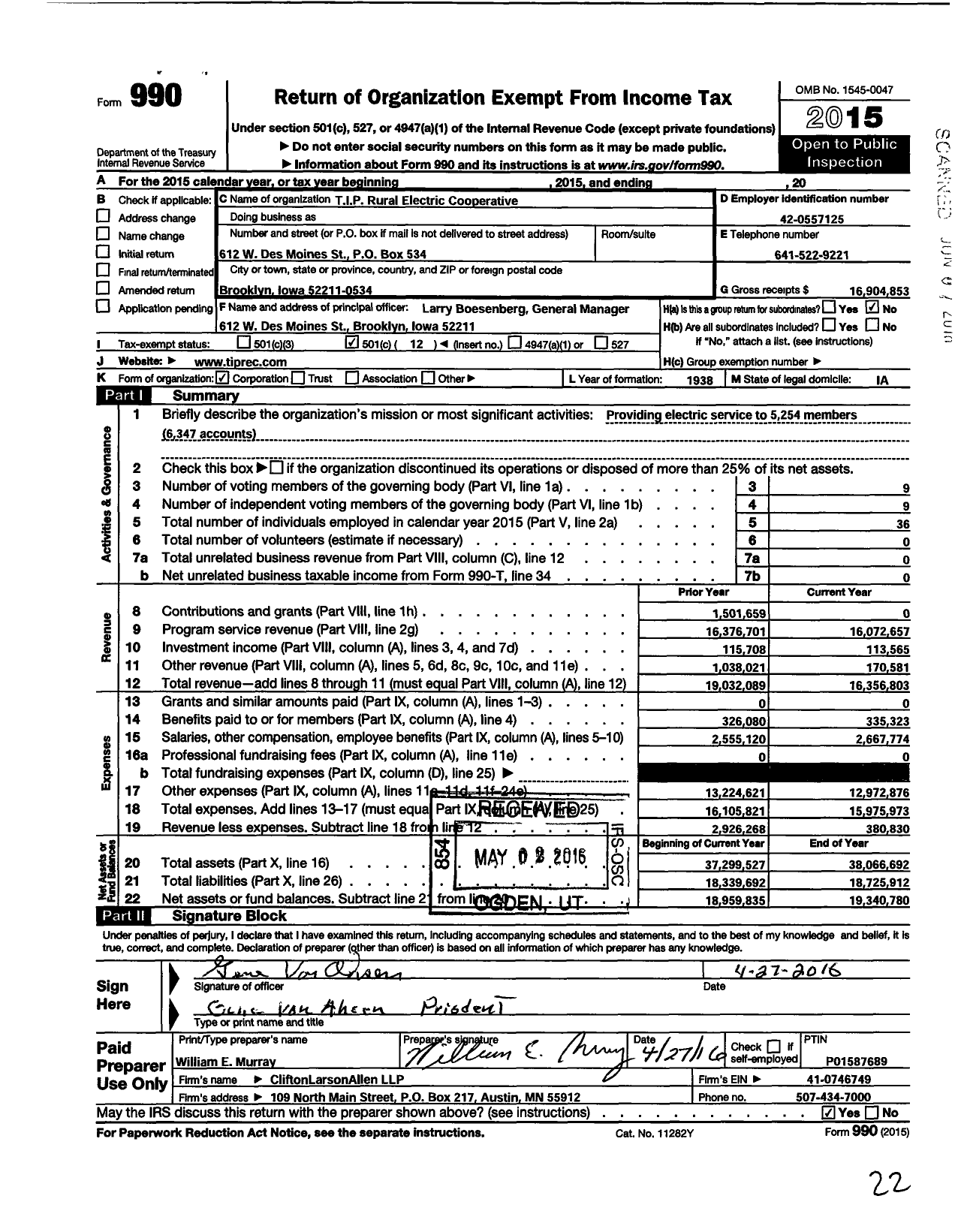 Image of first page of 2015 Form 990O for Tip Rural Electric Cooperative