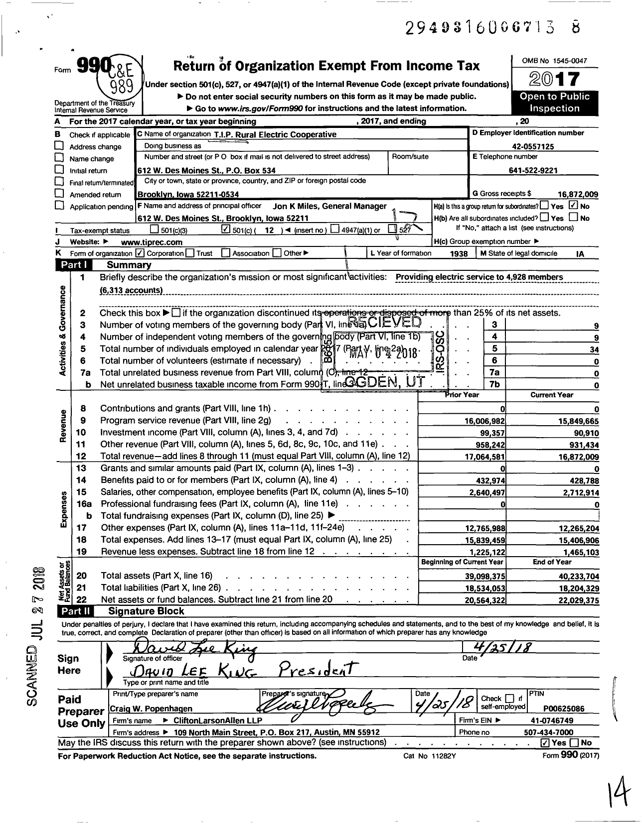 Image of first page of 2017 Form 990O for Tip Rural Electric Cooperative