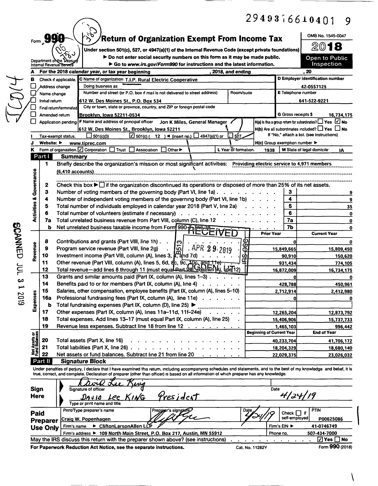 Image of first page of 2018 Form 990O for Tip Rural Electric Cooperative