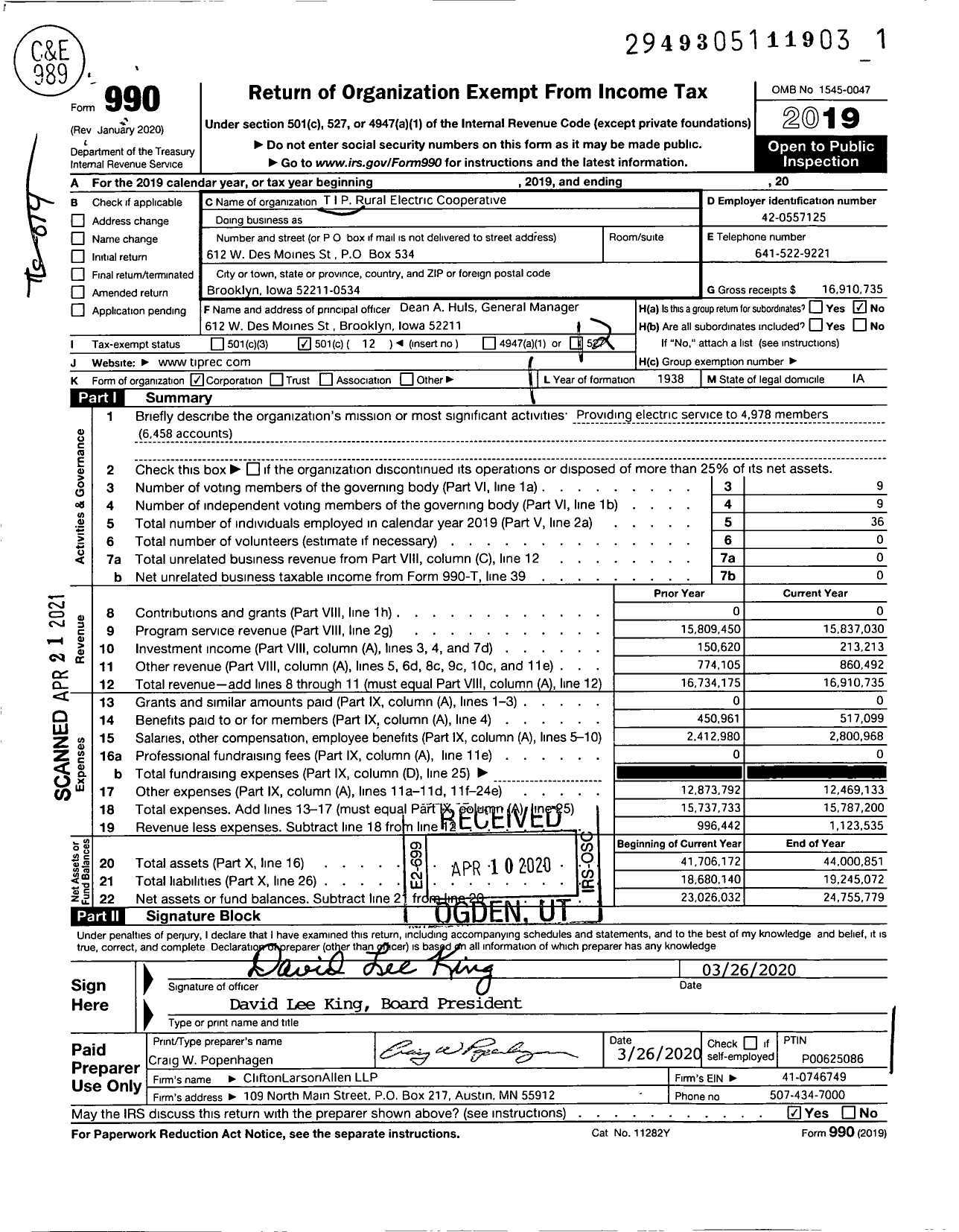 Image of first page of 2019 Form 990O for Tip Rural Electric Cooperative