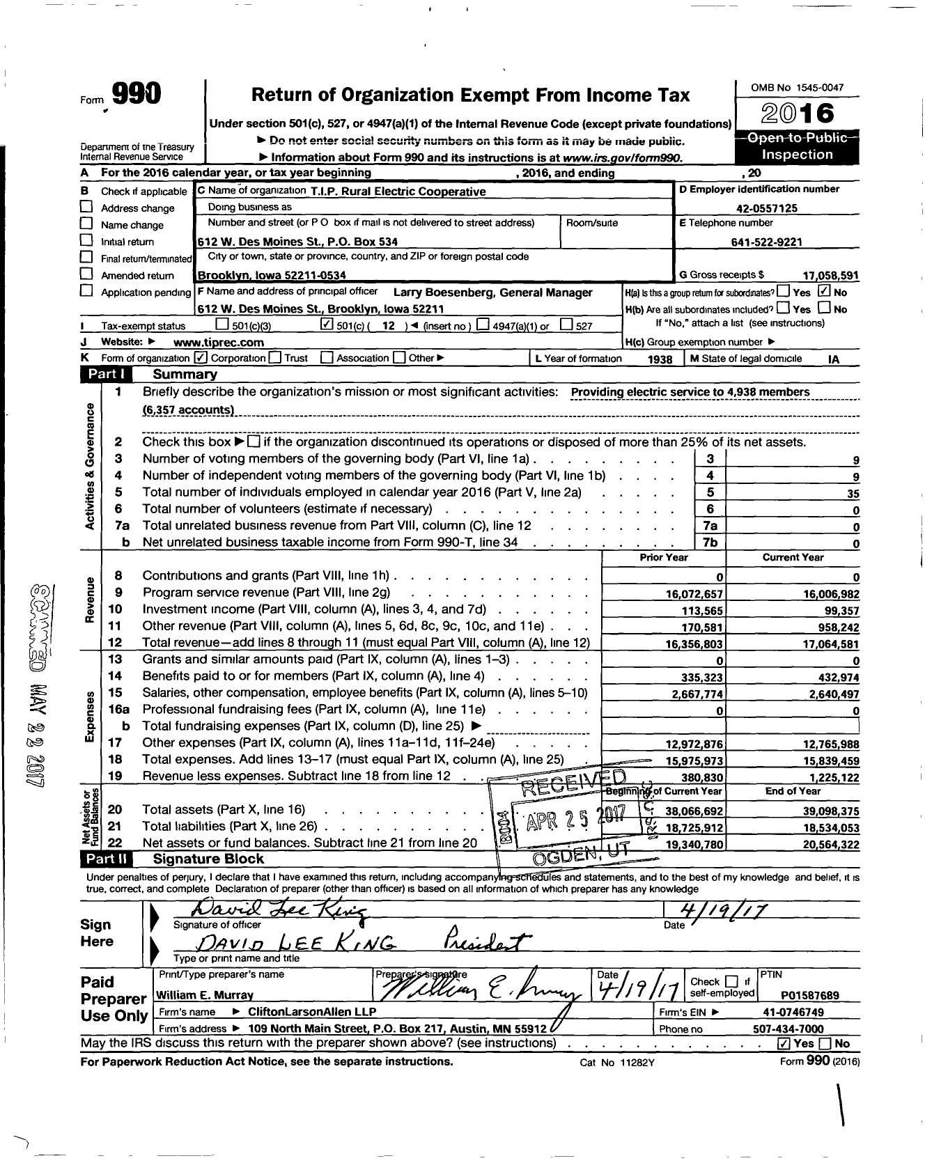 Image of first page of 2016 Form 990O for Tip Rural Electric Cooperative